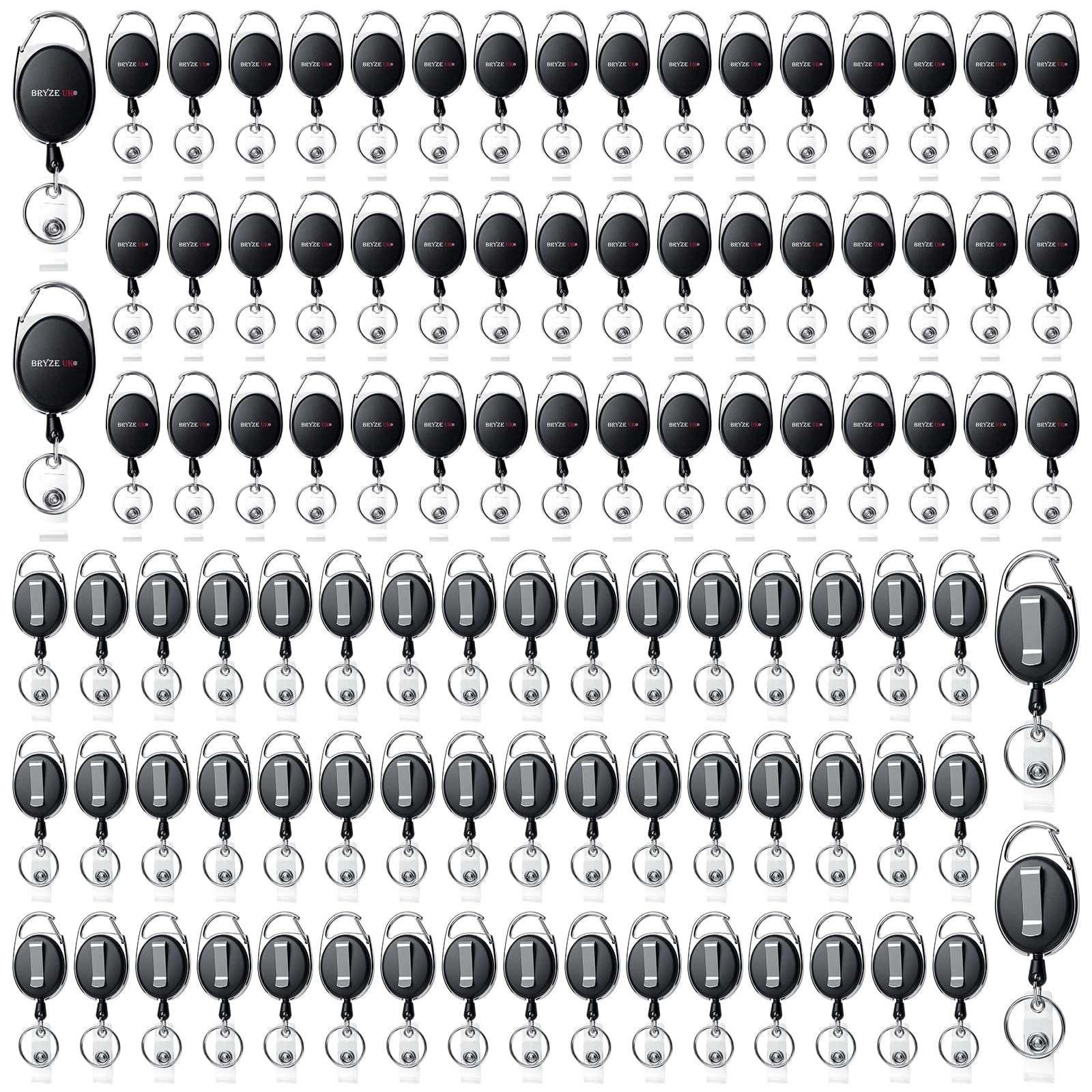 100 Pack Heavy Duty Badge Reels, Retractable Badge Holders with Carabiner Belt Clip and Key Ring, 26.5 Inch Retractable Cord for ID Cards, Name Badges, Keys, Strong ABS and Stainless Steel
