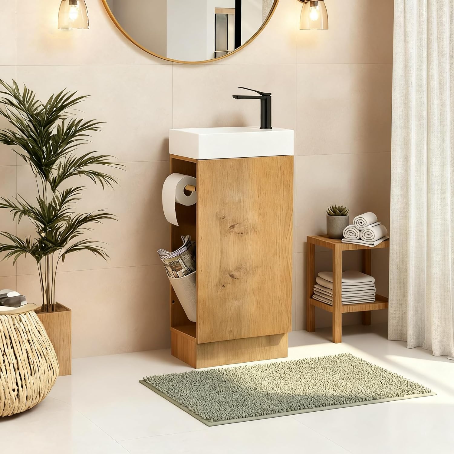 16" Small Bathroom Vanity with Sink - Snaefell Oak:Small Space Fit,2 Toilet Paper Holders & Storage Pocket,Adjustable Shelve,Soft Closing Door & Quiet Hinges,Floor-Standing Extra Storage Yellow Oak