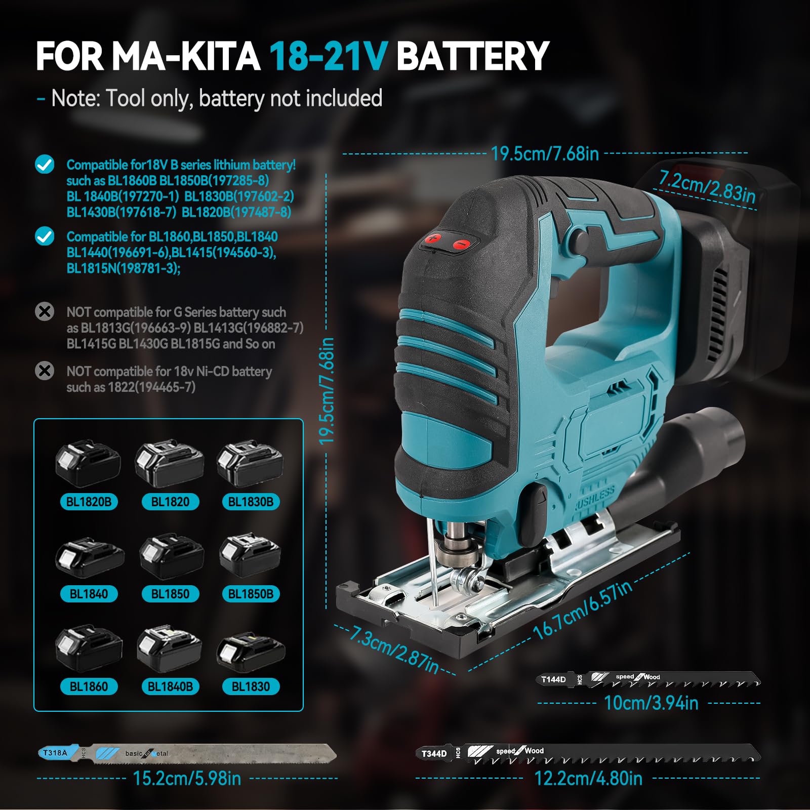 Seghetto alternativo senza fili, compatibile con batteria Makita 18 V, 500 W, utensile da taglio senza spazzole, 3300 giri/min, tagli smussati di 45° con lame per seghetto alternativo per taglio