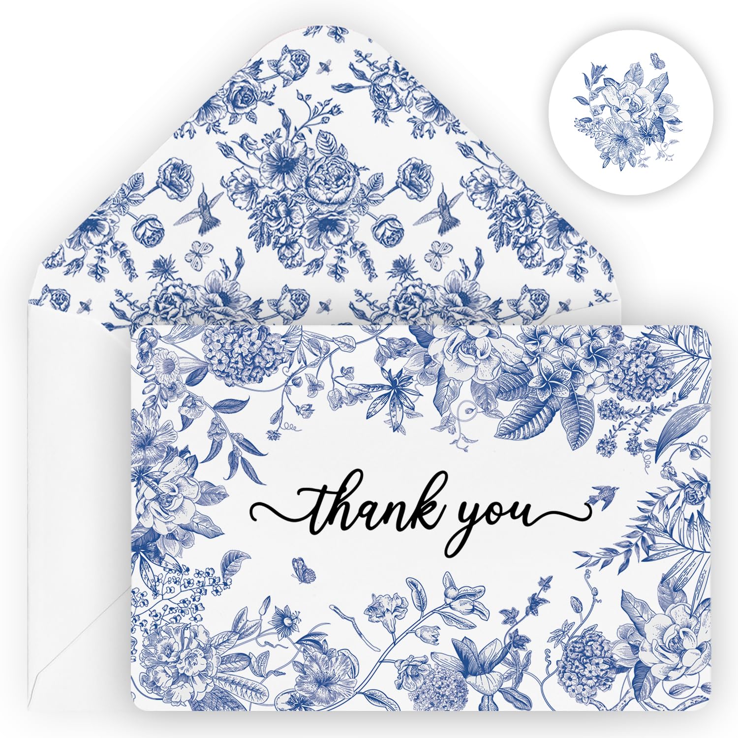 Artoid Mode 24 Pack Blue Porcelain Floral Spring Thank You Cards Butterfly Bird Greeting Cards Gift With Envelope Sticker Blank Note Cards for