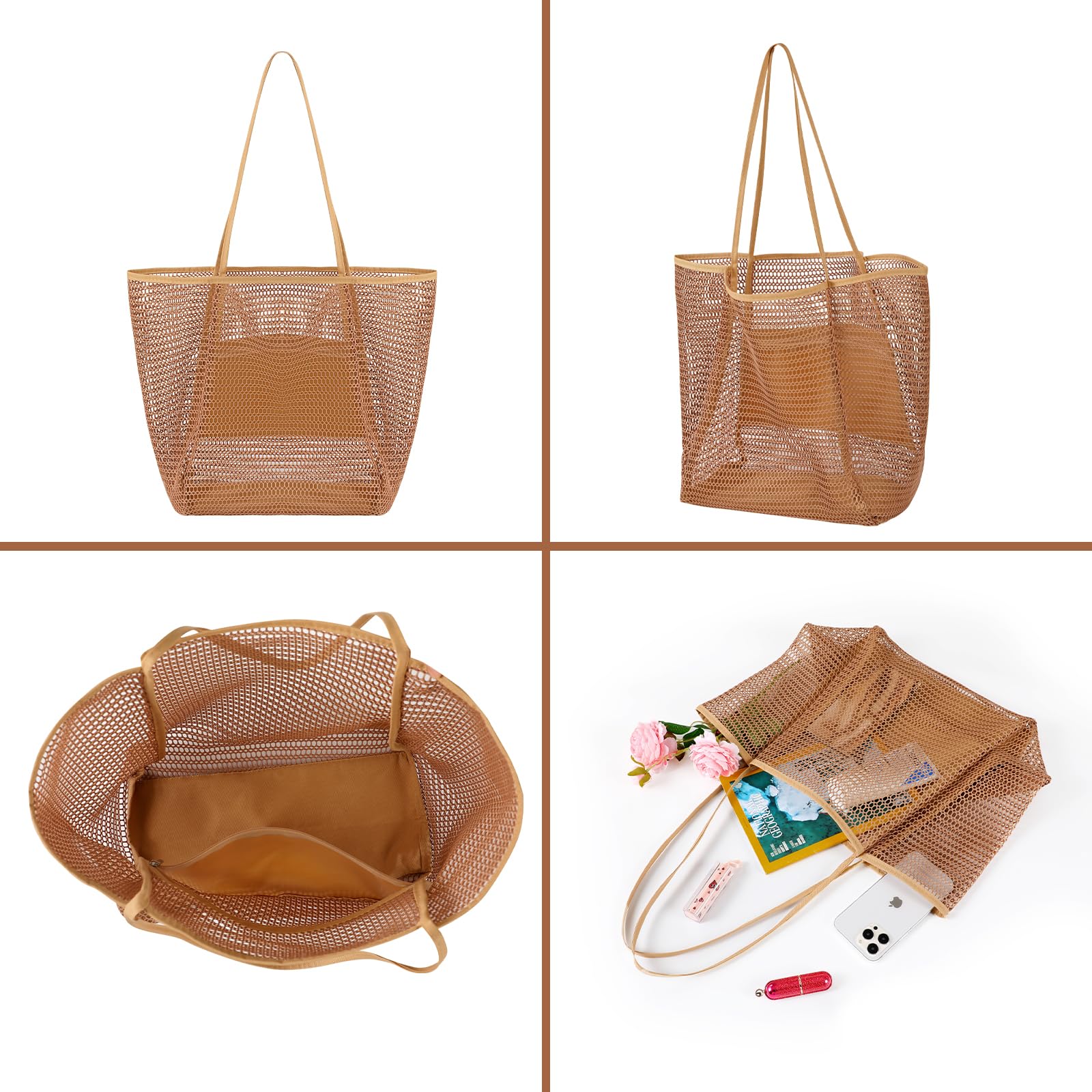 Bolsa de playa de malla, bolsas de playa para mujer, bolsa de playa tejida de paja impermeable con bolsillo interior, bolsa de playa plegable, Caqui, Talla única 5