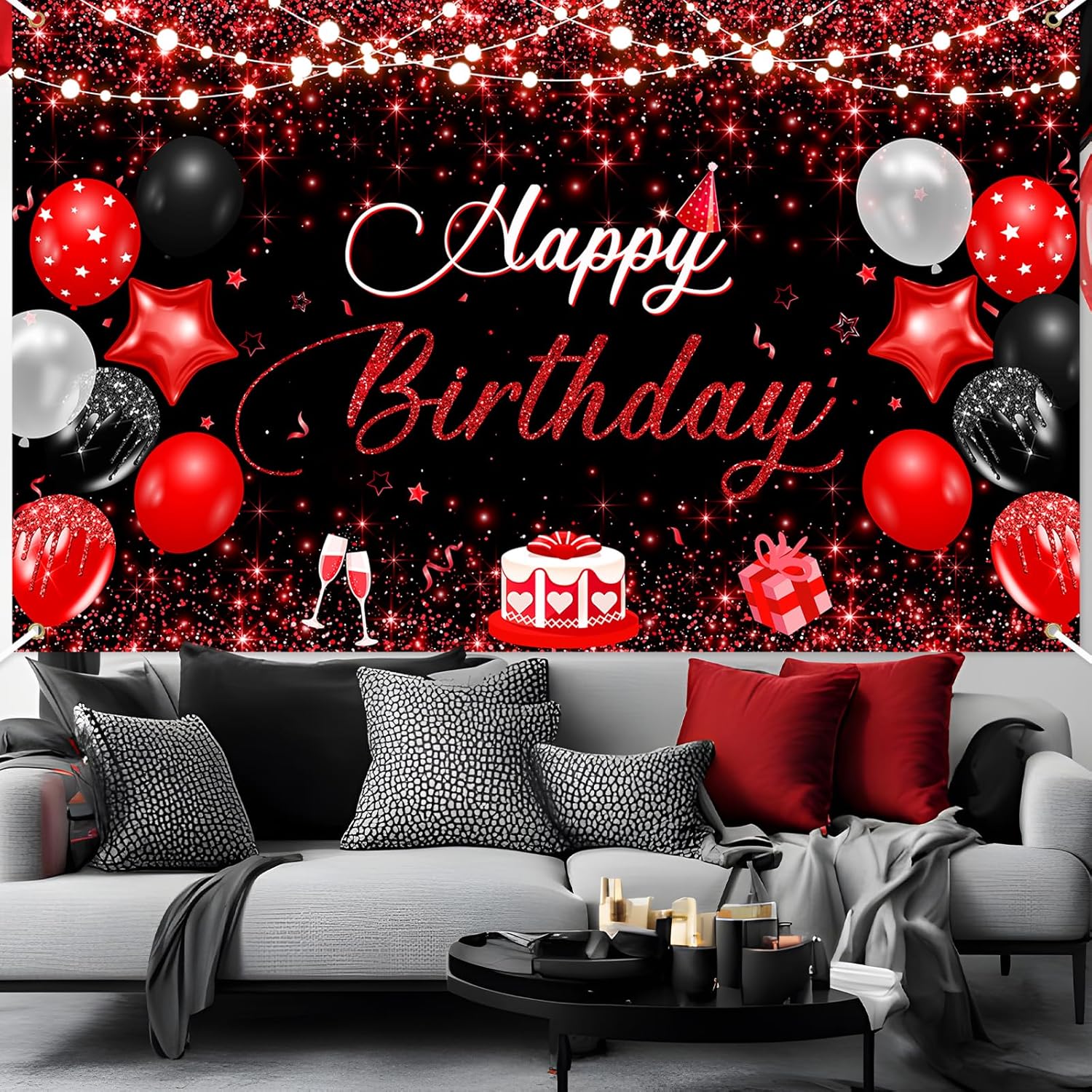 Avezano Red and Black Happy Birthday Banner for Men Women Red and Black Birthday Party Decorations Glitter Balloon Fireworks Sign Bday Photo Backdrop 70.8 x 43.3 Inch