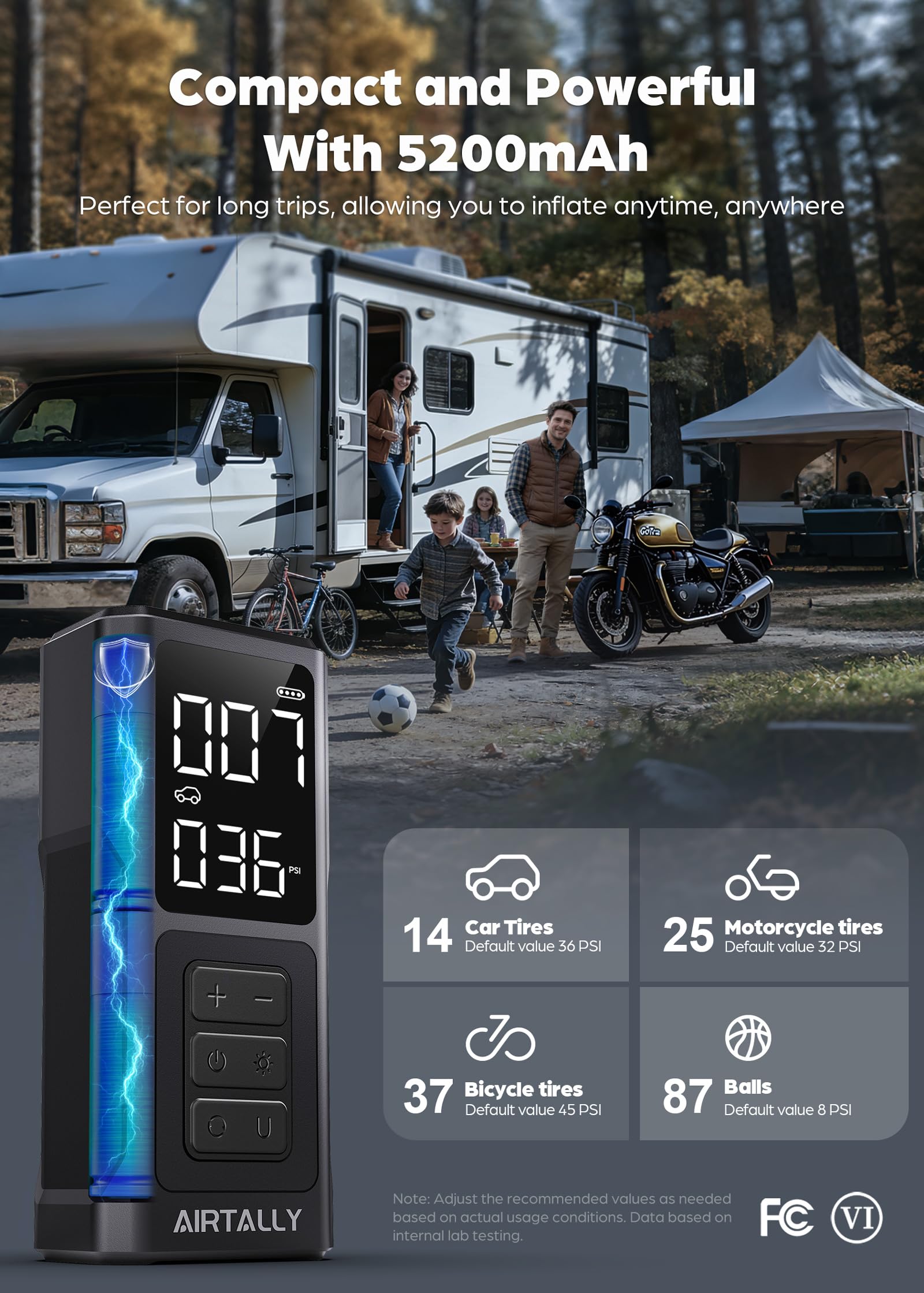 Tire Inflator Portable Air Compressor - 5200mAh 150PSI Quickly Inflate Portable Air Pump for Car Tires/Bike/Basketball with LED Large Dual Screen, Pressure Gauge & Auto Shut-Off - 2