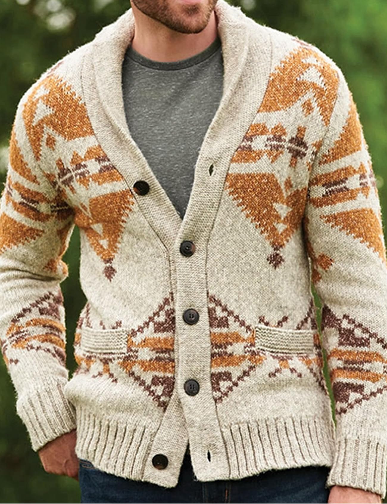 Perbai Mens Shawl Collar Aztec Print Long Sleeves Button Front Knit Cardigan Sweater Jacket(Khaki-S)