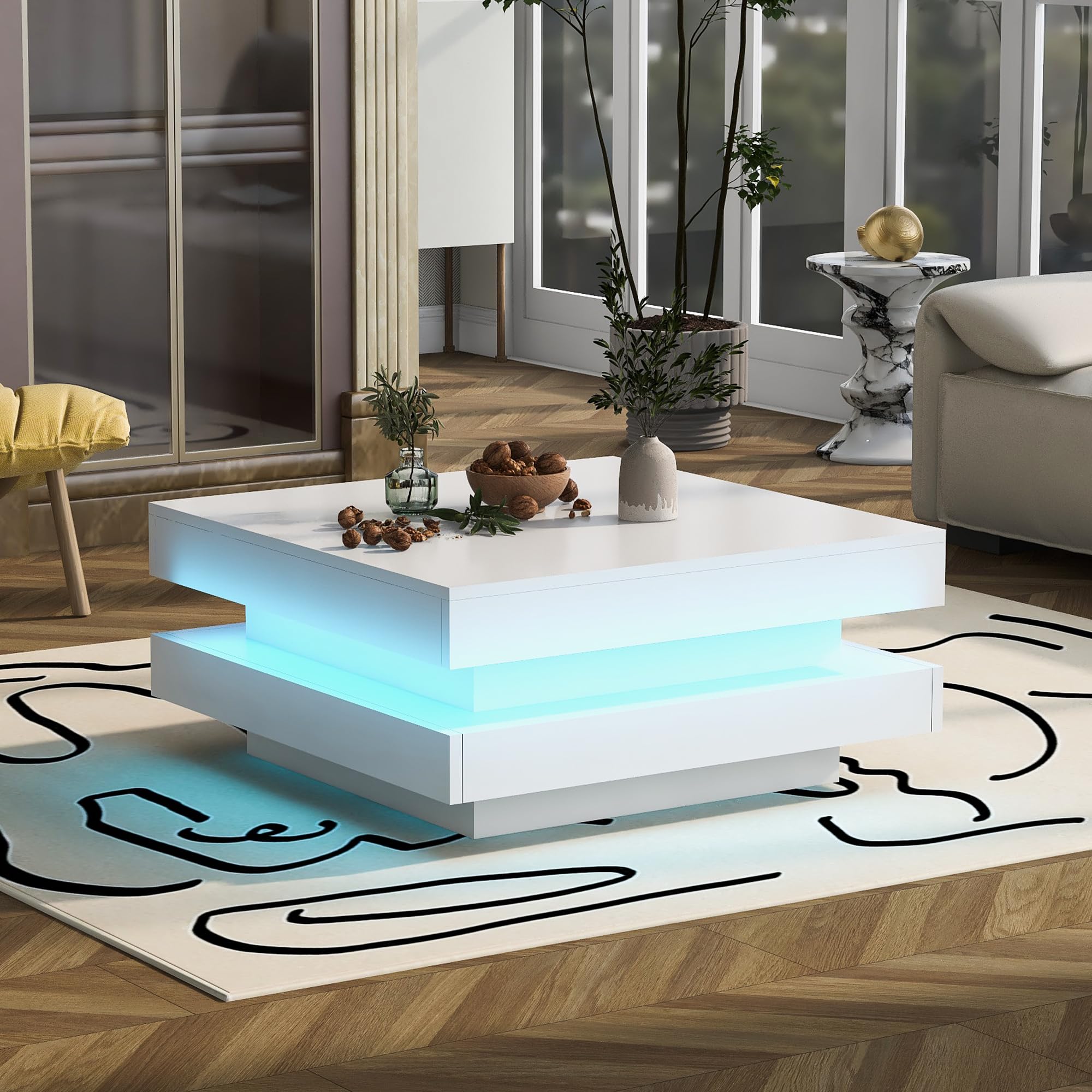 Merax Couchtisch Wohnzimmertisch Weiß Hochglanz, quadratischer Sofatisch mit LED Beleuchtung, Moderner Kaffeetisch Coffee Table für Wohnzimmer Büro Empfang, Bluetooth-Steuerung, 70x70x36cm
