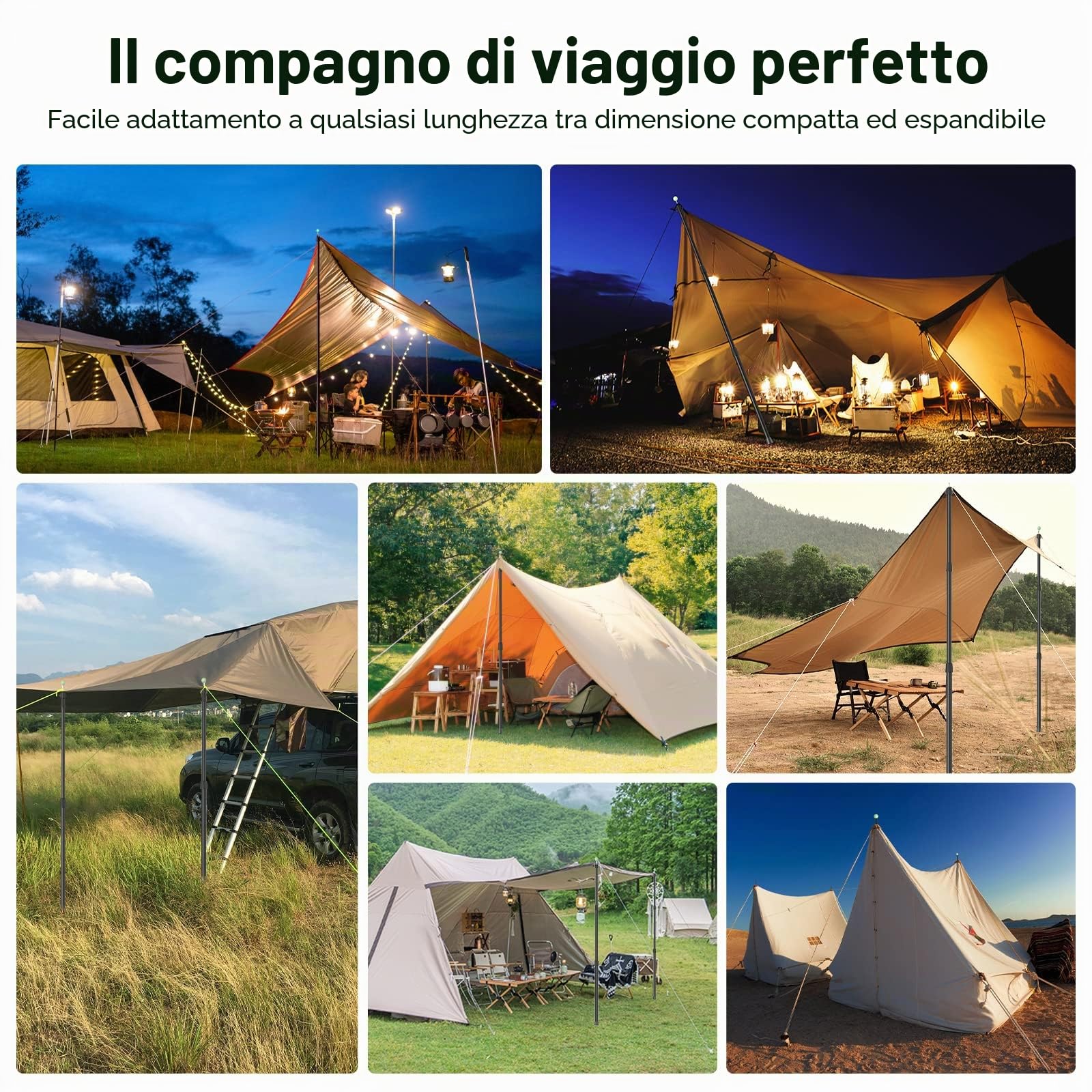 SANLIKE Asta Telescopica Alluminio Pieghevole 2,45m Nero Campeggio Set 2 | Per campeggiatori escursionisti , altezza regolabile , compatibile tende parasole , trasportabile anti corrosione