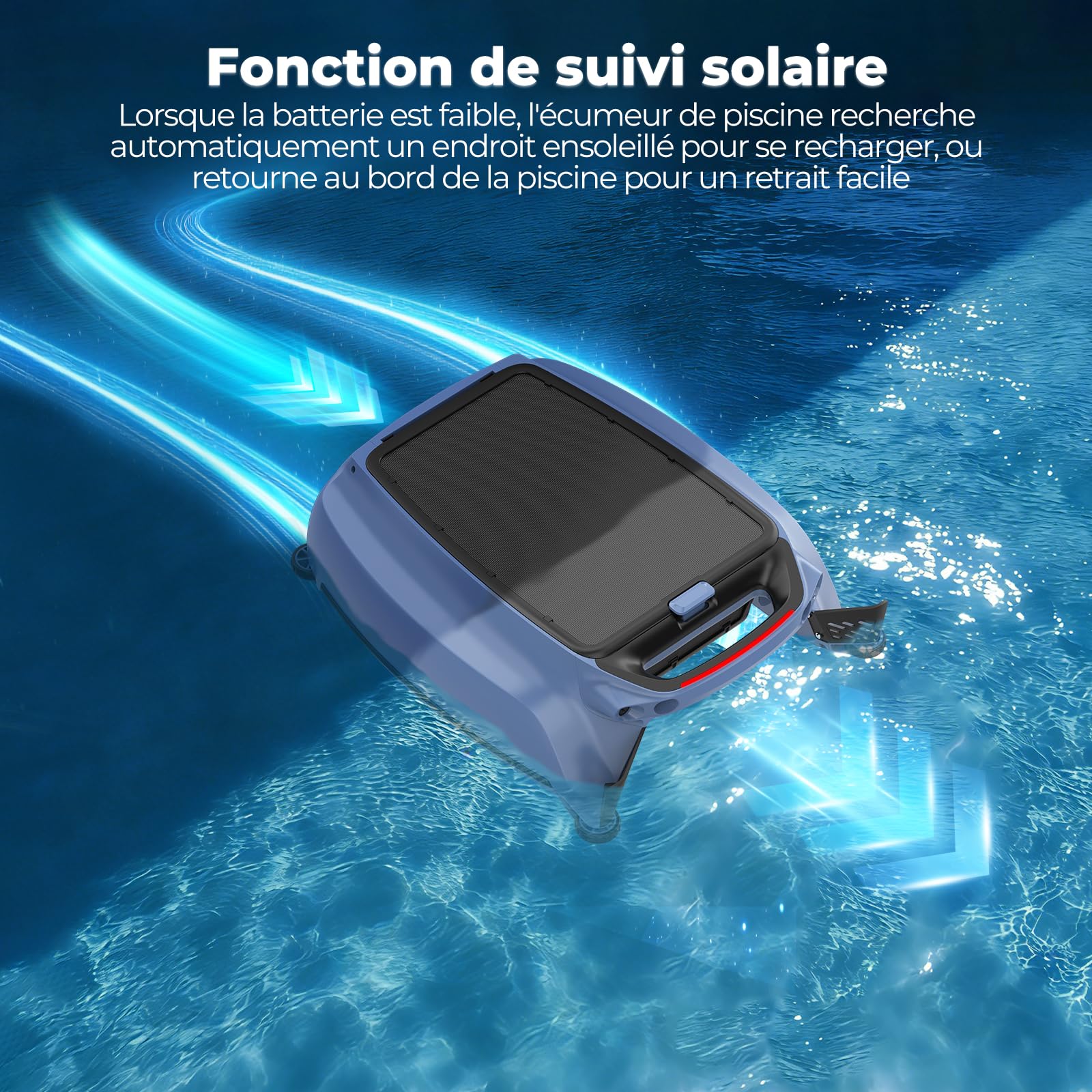 PS100 Robot de piscine solaire sans fil avec contrôle par application, nettoyage de surface 24h/24, 7j/7, panier filtrant de 6 l, détection d'obstacles à ultrasons pour toutes les piscines