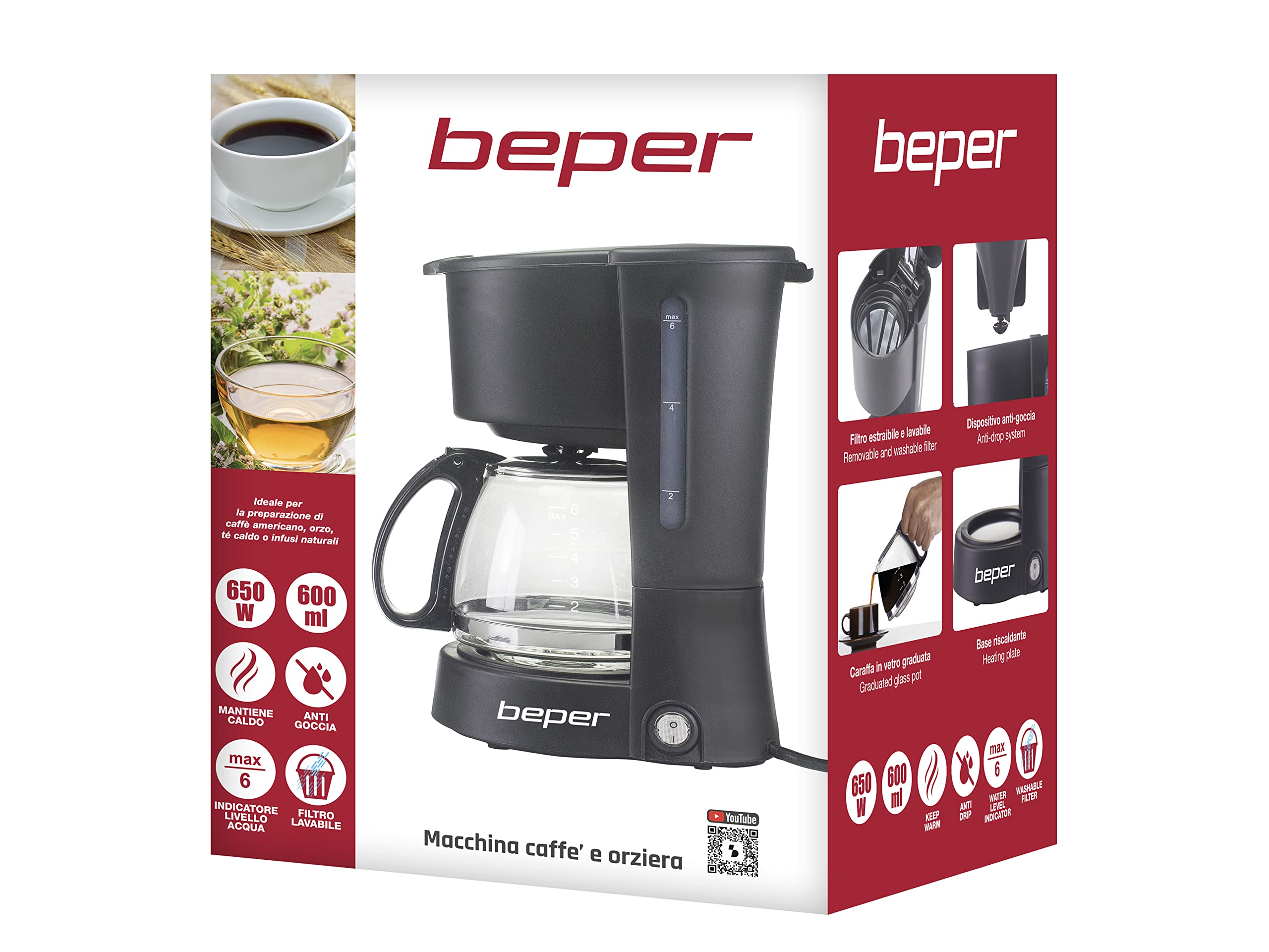 BEPER BC.060 Macchina caffè Americano 600ml, W, 600 milliliters, ABS, Nero