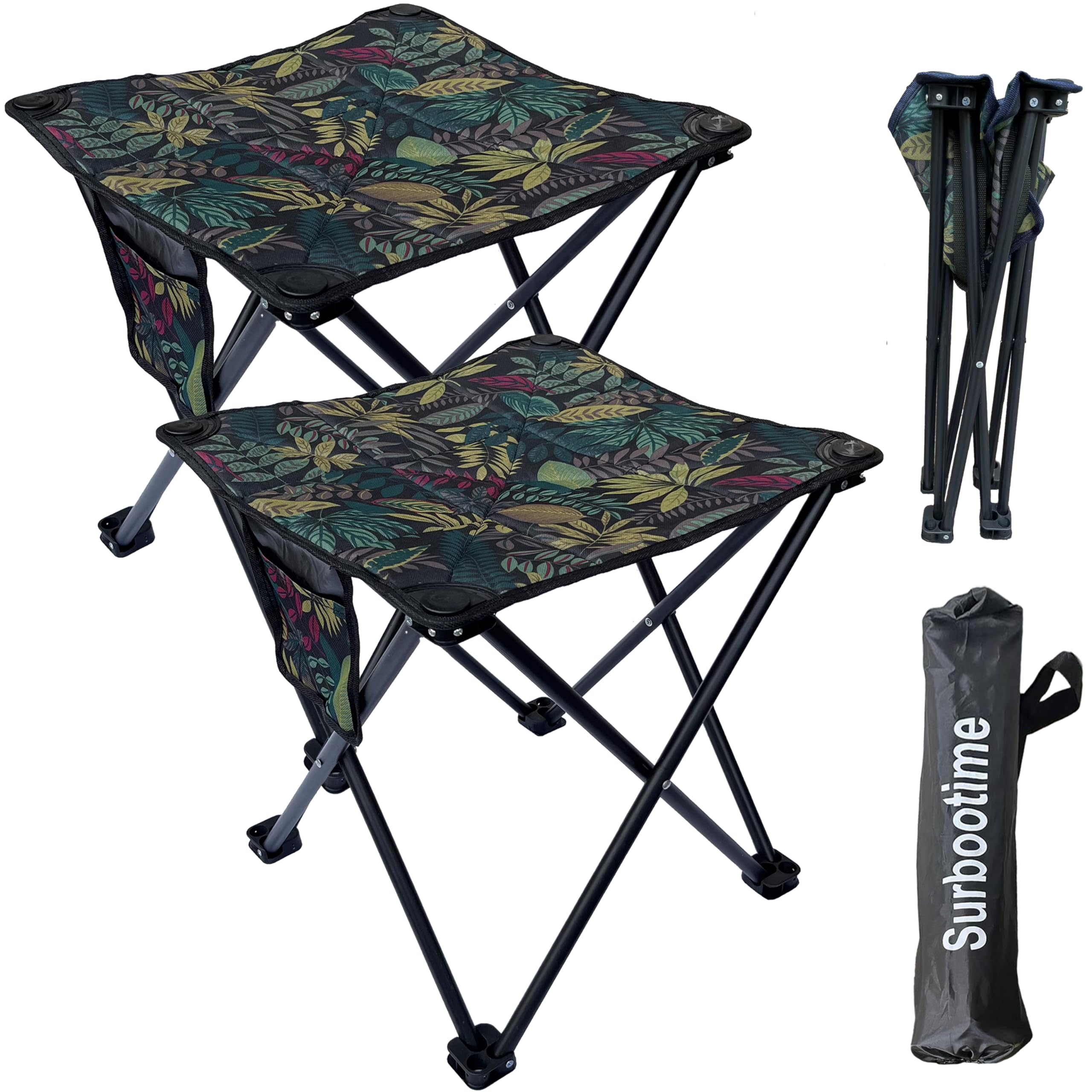 Portable folding camping stool, cotton lining, 2 pieces 17*17*18 inches, soft outdoor seat with side pockets, extra-large footstool, suitable for fishing, picnics, beach barbecues, hiking(Maple Leaf）