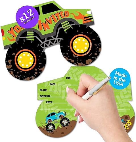 Big Dot of Happiness Smash and Crash - Monster Truck - Invitaciones de relleno en forma de camión - Tarjetas de invitación de fiesta de cumpleaños