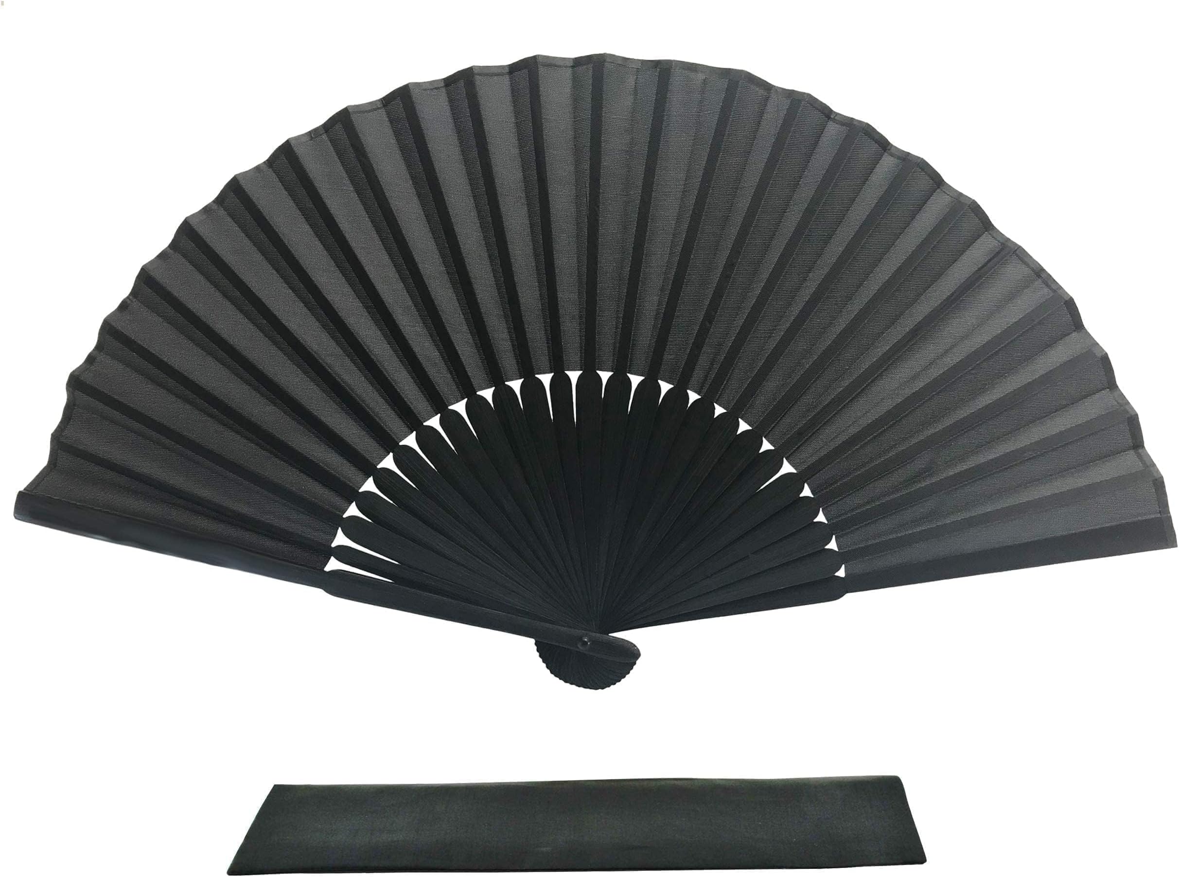 Black Silk Fabric Folding Hand Held Fan with a Pouch Bamboo Ribs Chinese Vintage Handheld Girls Women Wedding Party Favour Gift (Simple Black)