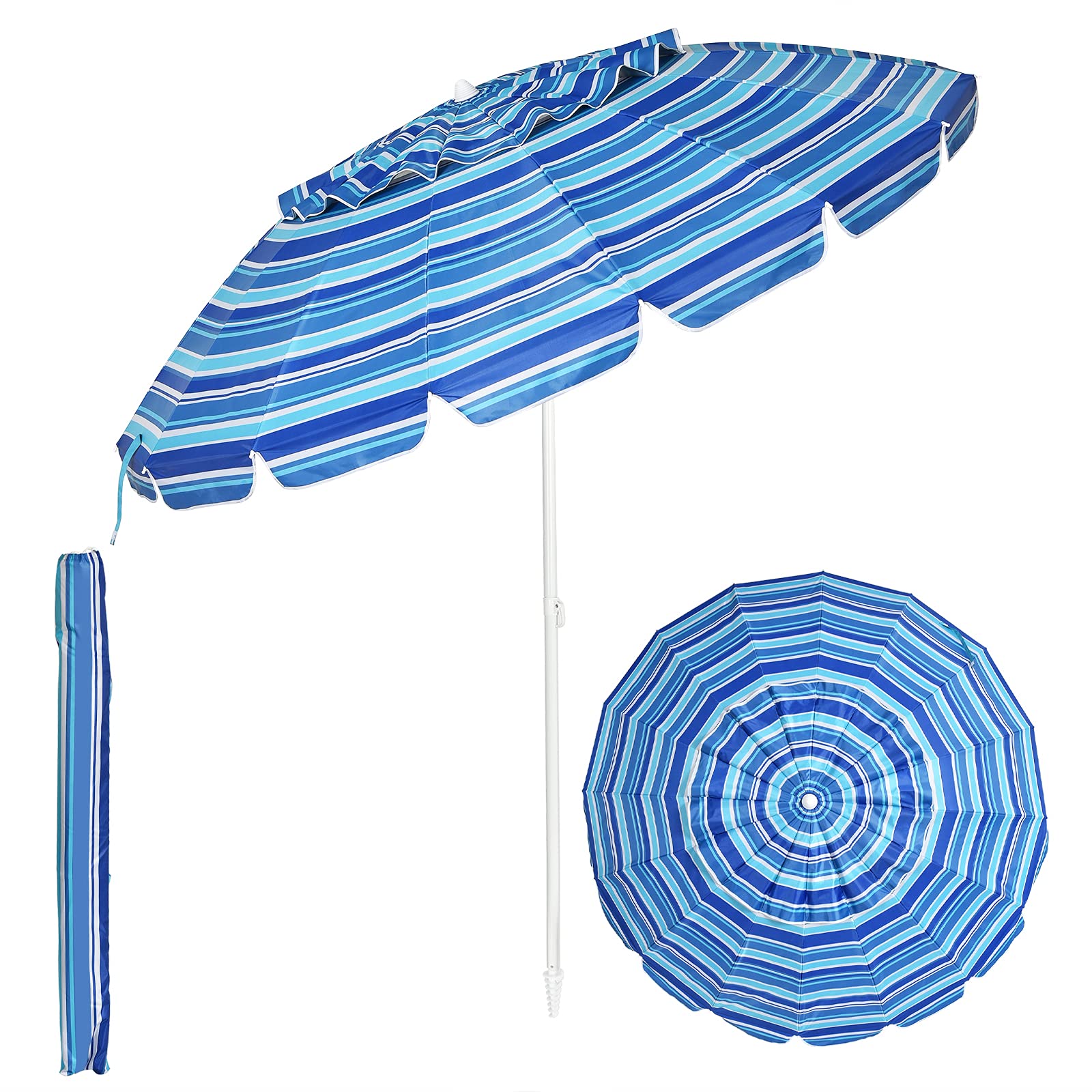 GOPLUS Sombrilla Playa 180/200/220cm, Sombrilla Playa Grande con Protección UV, Ventilación y Bolsa de Transporte, Sombrilla Antiviento Plegable y Inclinable para Piscina Jardín