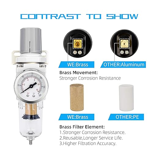 Miniatura 38 de NANPU Regulador de filtro de aire comprimido NPT de 1/2 pulgada combinado a cuestas, elemento de latón de 5 micrones, cuenco de polietileno, drenaje