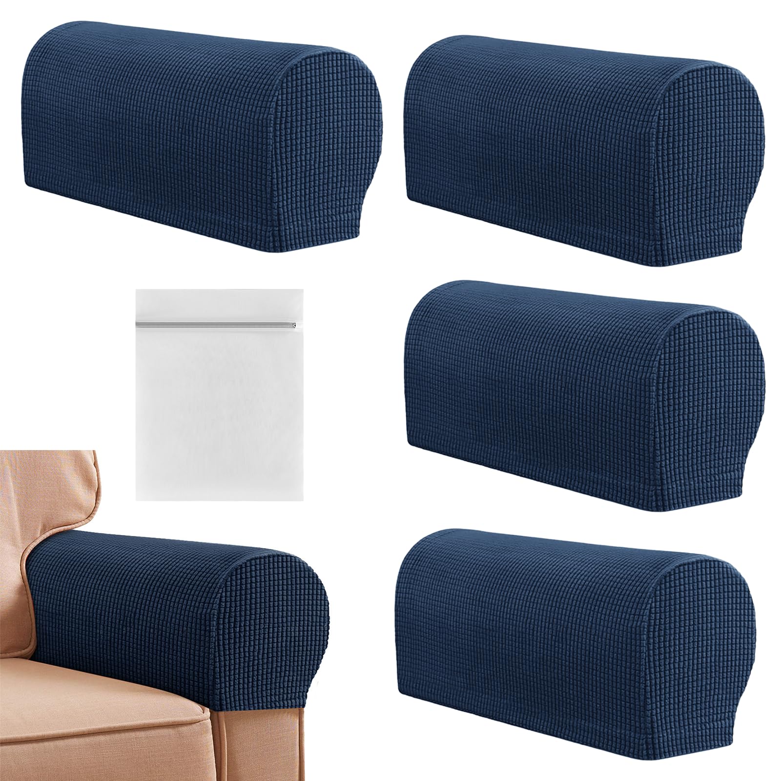 AWAVM 4 Pcs Armrest Chair Covers With Laundry Bag,Stretch Sofa Arm Covers,Non Slip Armchair Covers for Arms,for Chairs Furniture Protector Armchairs Sofa Couch Recliner (Blue)