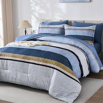 Dobuyly Comforter Set Queen Size, Blue Striped 7 Piece Bed in a Bag, Lightweight Boho Bedding Comforter Sets with Sheets