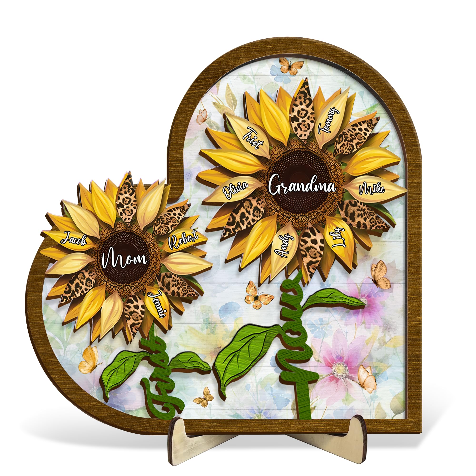 CUSGIFTS Personalized First Mom Now Grandma Sunflower 2 Layered Wooden Art Upto 15 Kids And 15 Grandkids, Mother's Day Gift Idea For Grandma Mom Nana