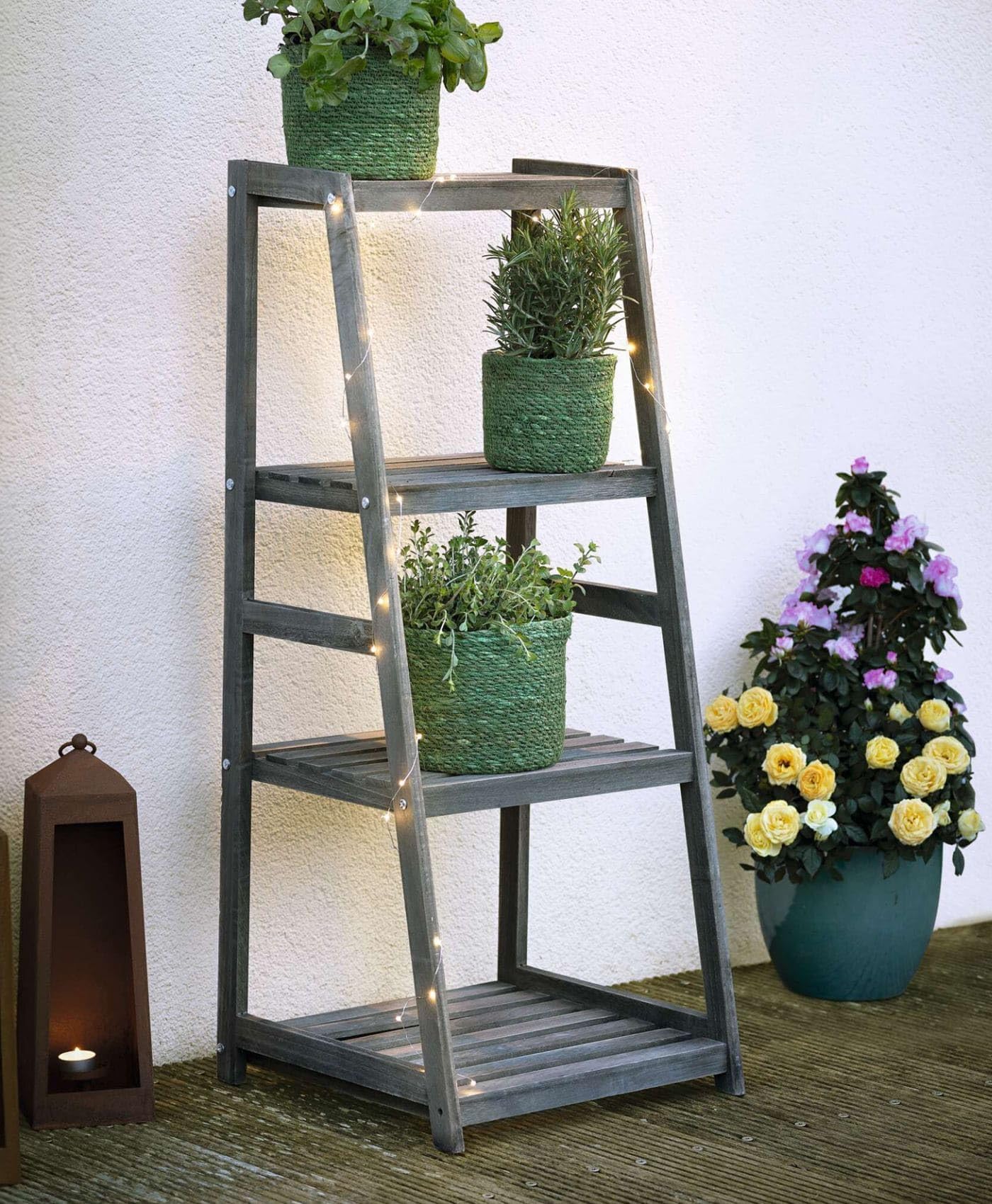 Dekoleidenschaft Leiterregal aus Holz im Antik Design, grau, Regal mit 4 Ebenen, Blumenregal, Standregal, Pflanzentreppe, offenes Bücherregal für Wohnzimmer, Küche, Terrasse