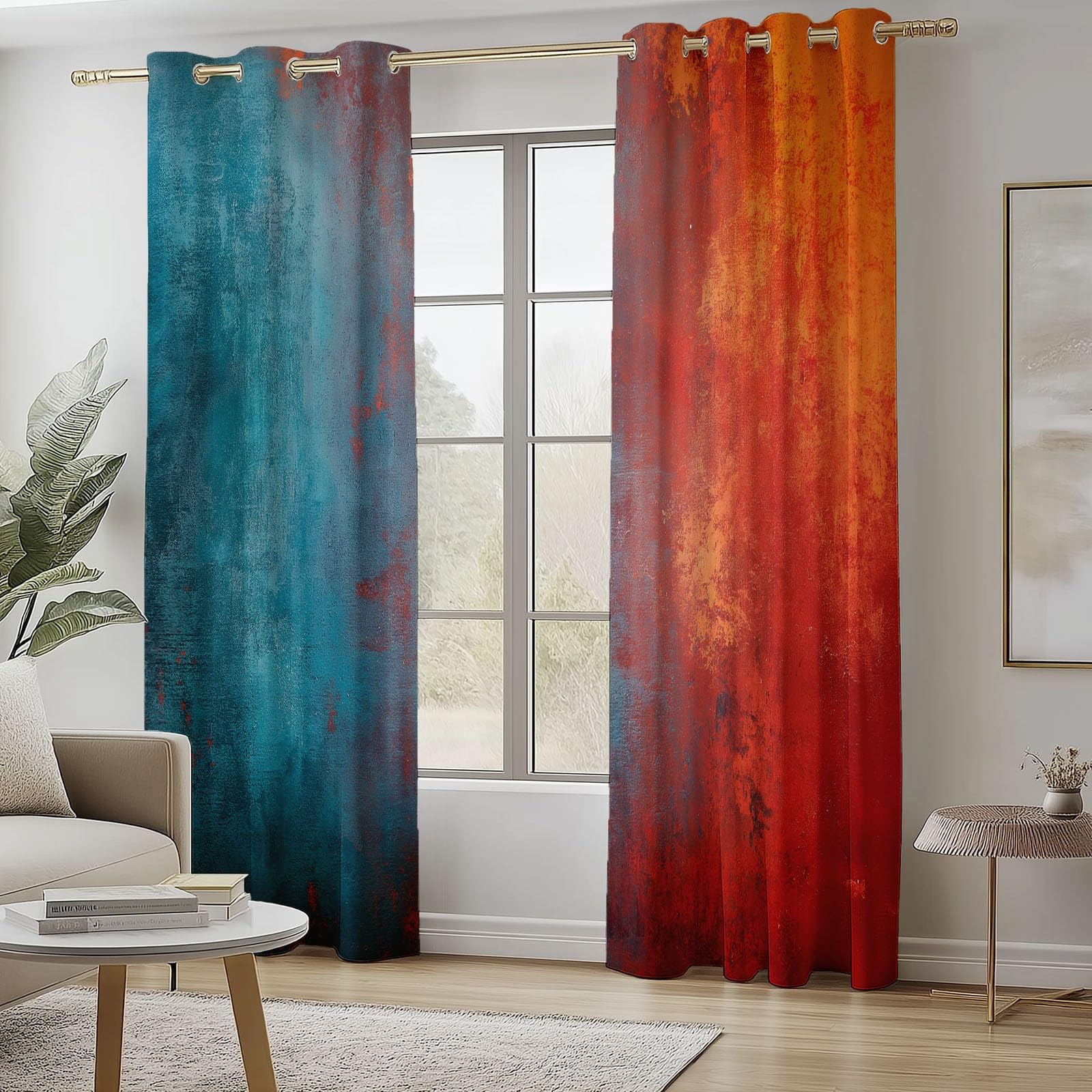 Rideaux Isolants 110L X 215H cm (2 Panneaux), Design Texture Rouille Vintage Tenture Opaque Anti-Chaleur pour Chambre Principale, Bleu Rouge