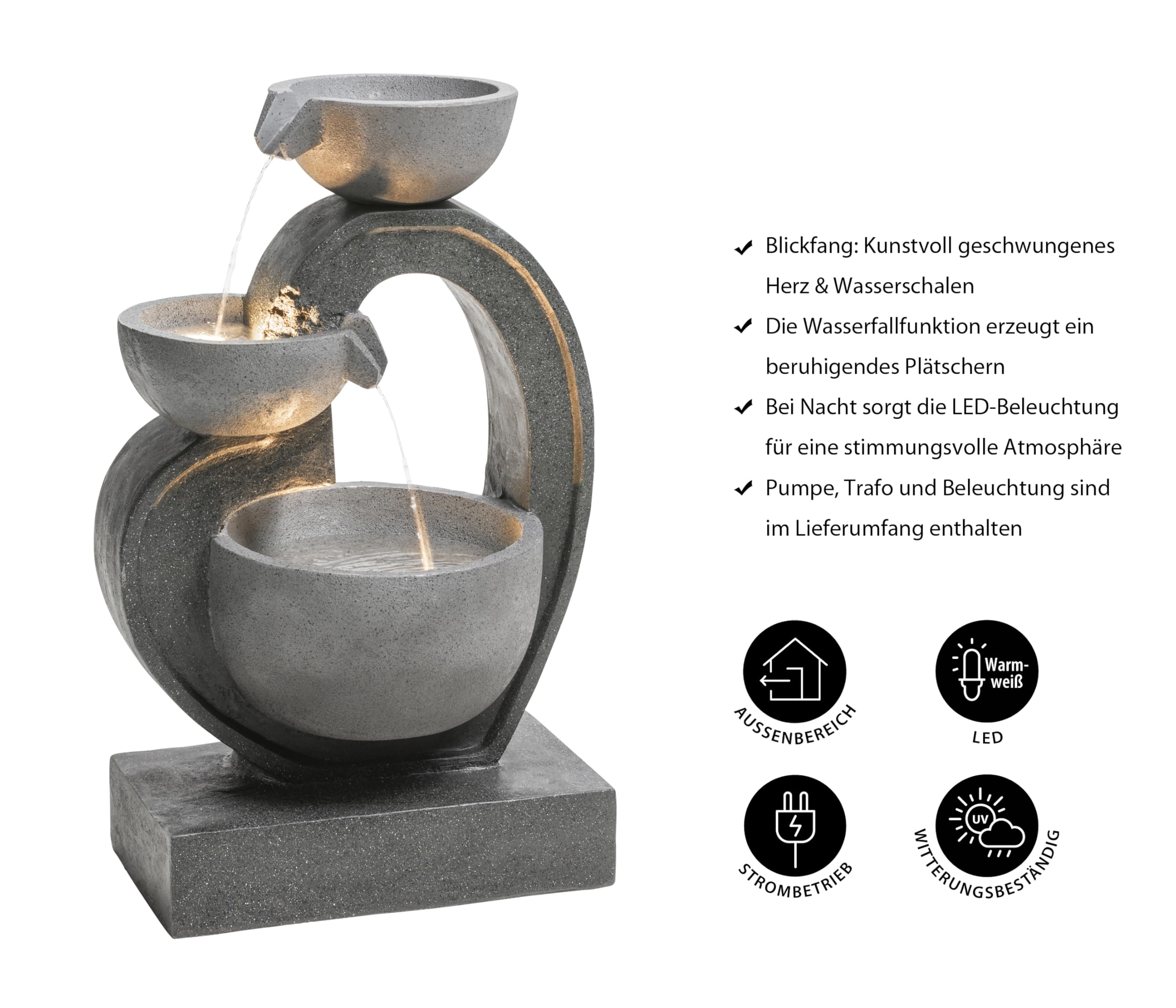 Dehner Gartenbrunnen Heart, ca. 72.5 x 45.5 x 32.5 cm, Polyresin, grau