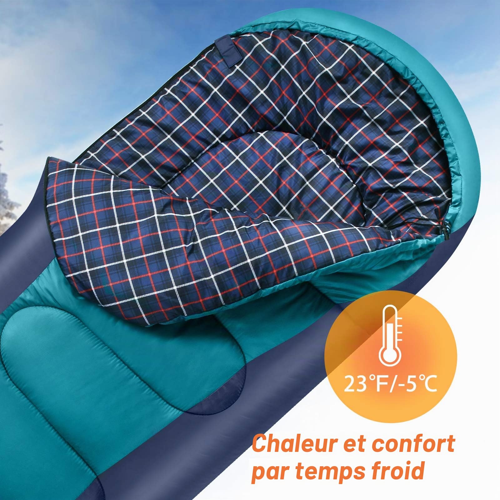 Sac de Couchage Flanelle léger, Portable, étanche 3-4 Saisons pour Temps Chaud et Froid avec Sac de Compression pour Adultes et Enfants