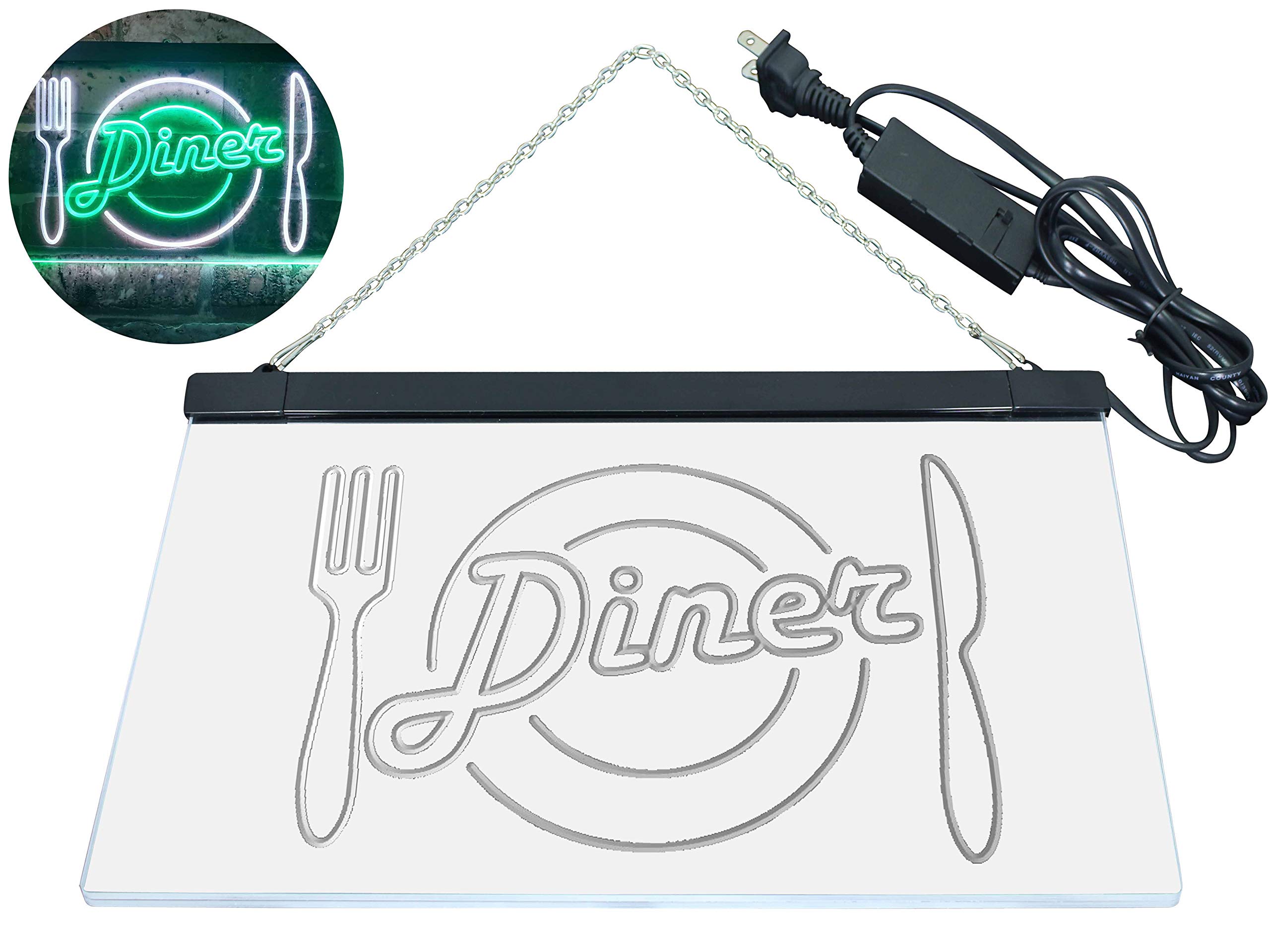 ADVPRO Diner Restaurant Knife Fork Dual Color LED Enseigne Lumineuse Neon Sign Blanc et Vert 600 x 400mm st6s64-i3240-wg