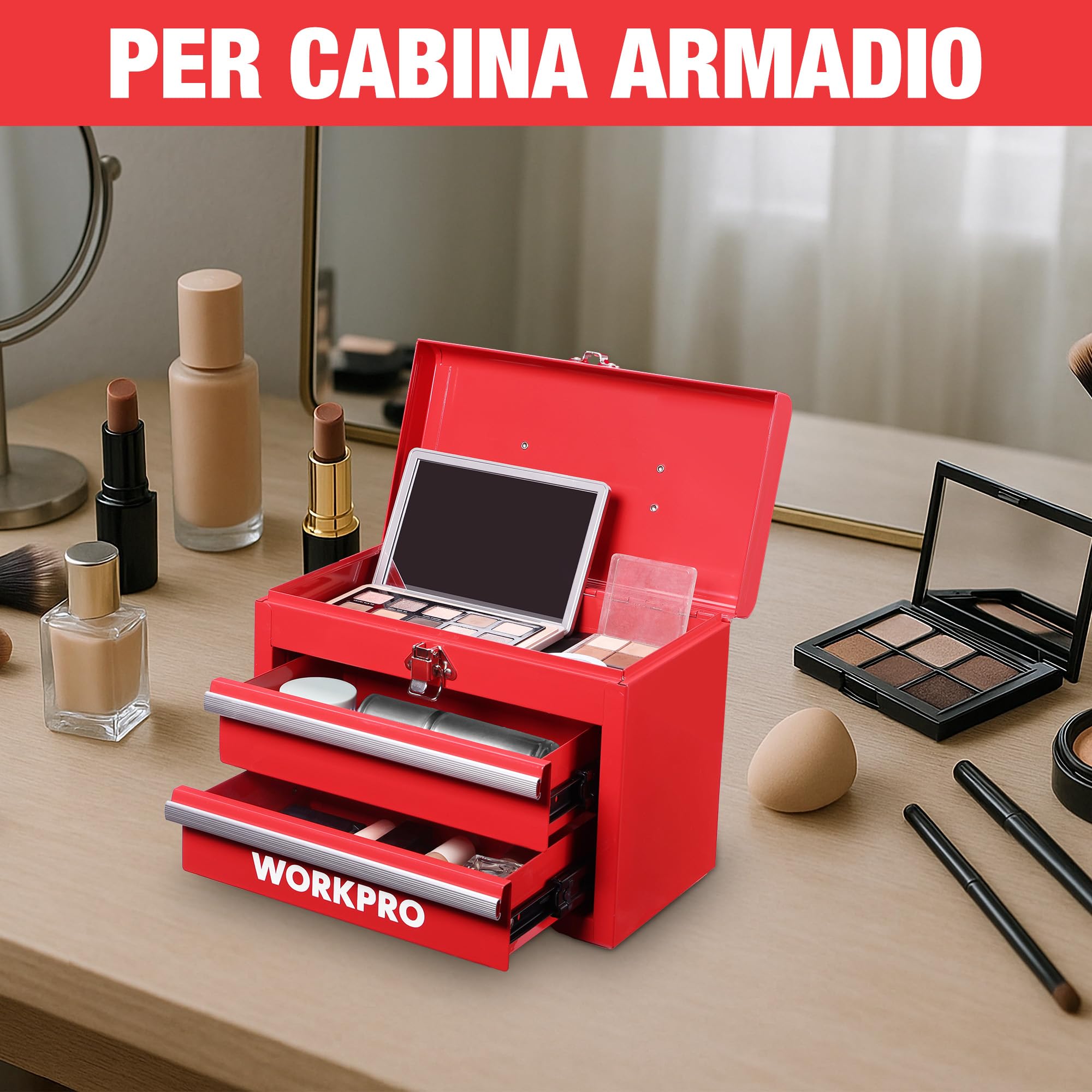 WORKPRO Cassetta Organizzatrice con Maniglia, Doppio Cassetto & | Vano Superiore, Chiusura con Latch, 27,5 × 15 × 20,8 cm, Porta Utensili per Ufficio, Officina e Spogliatoio – Rosso