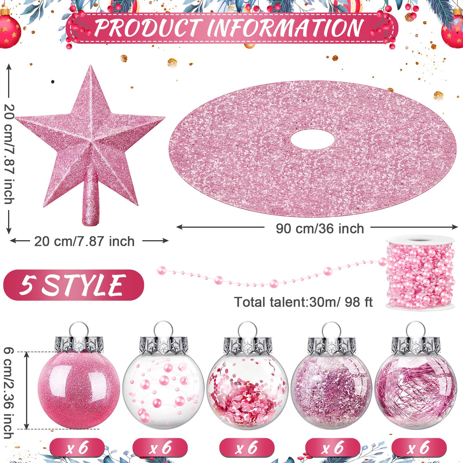 Set de 33 Pcs Décorations de Sapin de Noël Rose Jupe de Sapin de Noël Paillettes Topper d'arbre Étoile de Noël Paillettes Ornements de Boule Noël Suspendus Guirlandes de Chaînes de Perles