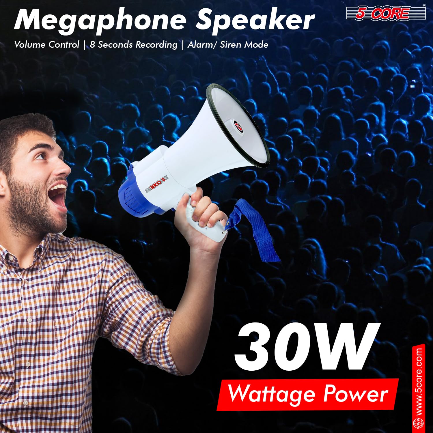 5 CORE Megaphone Speaker Battery Power 30W Bullhorn w Siren Volume Adjustable Bull Horn 800 Feet Range Record Function Mega Phone for Cheerleading Coaches Safety Drill- 8R