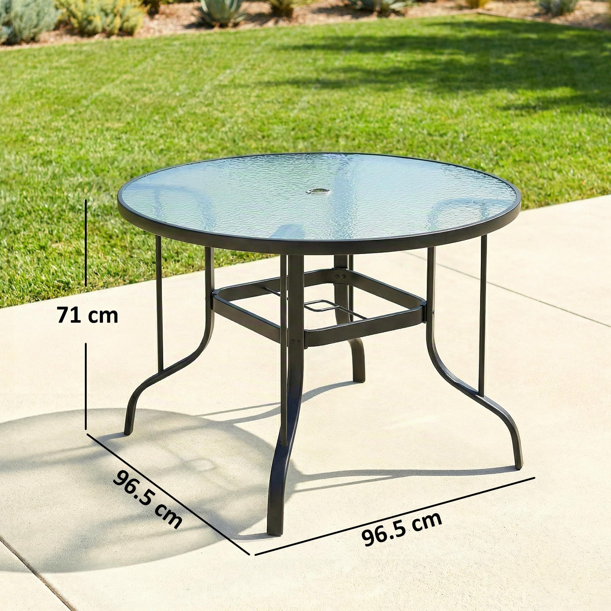 Outsunny Tavolo da Giardino Rotondo per 4 Persone Max Ø96.5x71 cm Nero | Con Foro per Ombrellone, Tavolo da Esterno, Metallo e Vetro Temperato