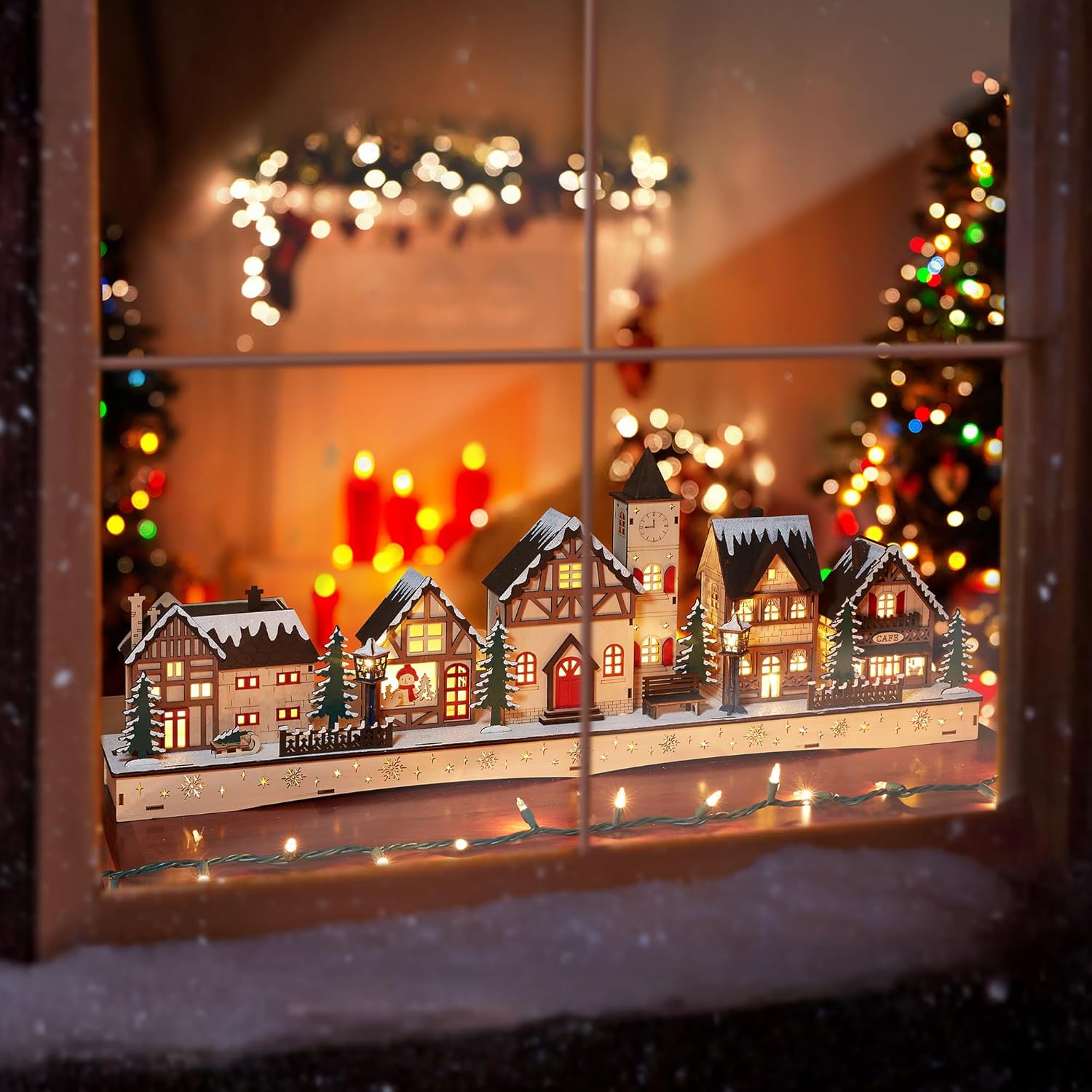 Casafield Pre-Lit Wooden Christmas Village - Miniature LED Light-Up Traditional Winter Holiday Decoration for Home, Mantel and Tabletop