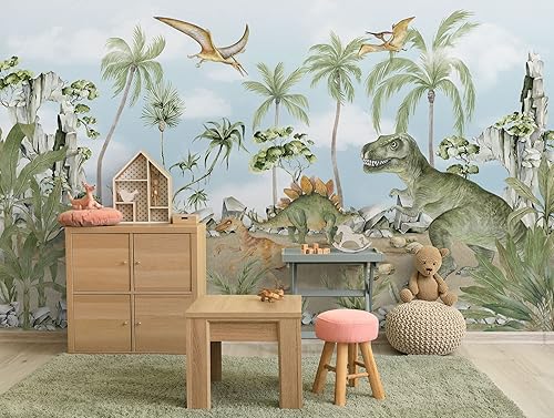 Miniatura 3 de Murwall Jurassic World Dinosaur Wallpaper Watercolor Dino Park Wall Mural Prehistoric Animals Wallpaper for Kids