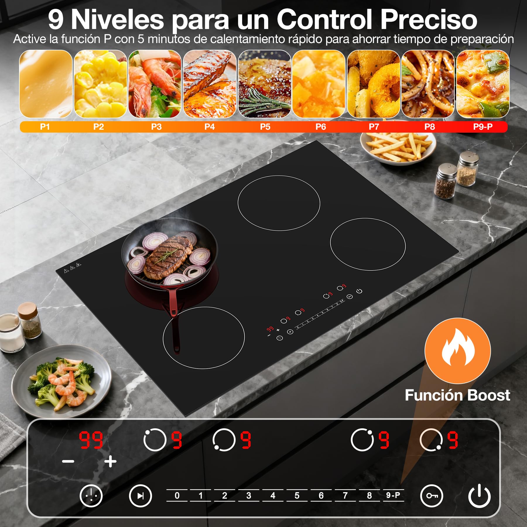 Placa de Inducción 4 Fuegos 6400W, Placa Encastrable 77cm para Cocinas Grandes, Control Táctil 9 Niveles con Boost, Temporizador, Bloqueo Infantil, Cristal Cerámico Fácil de Limpiar
