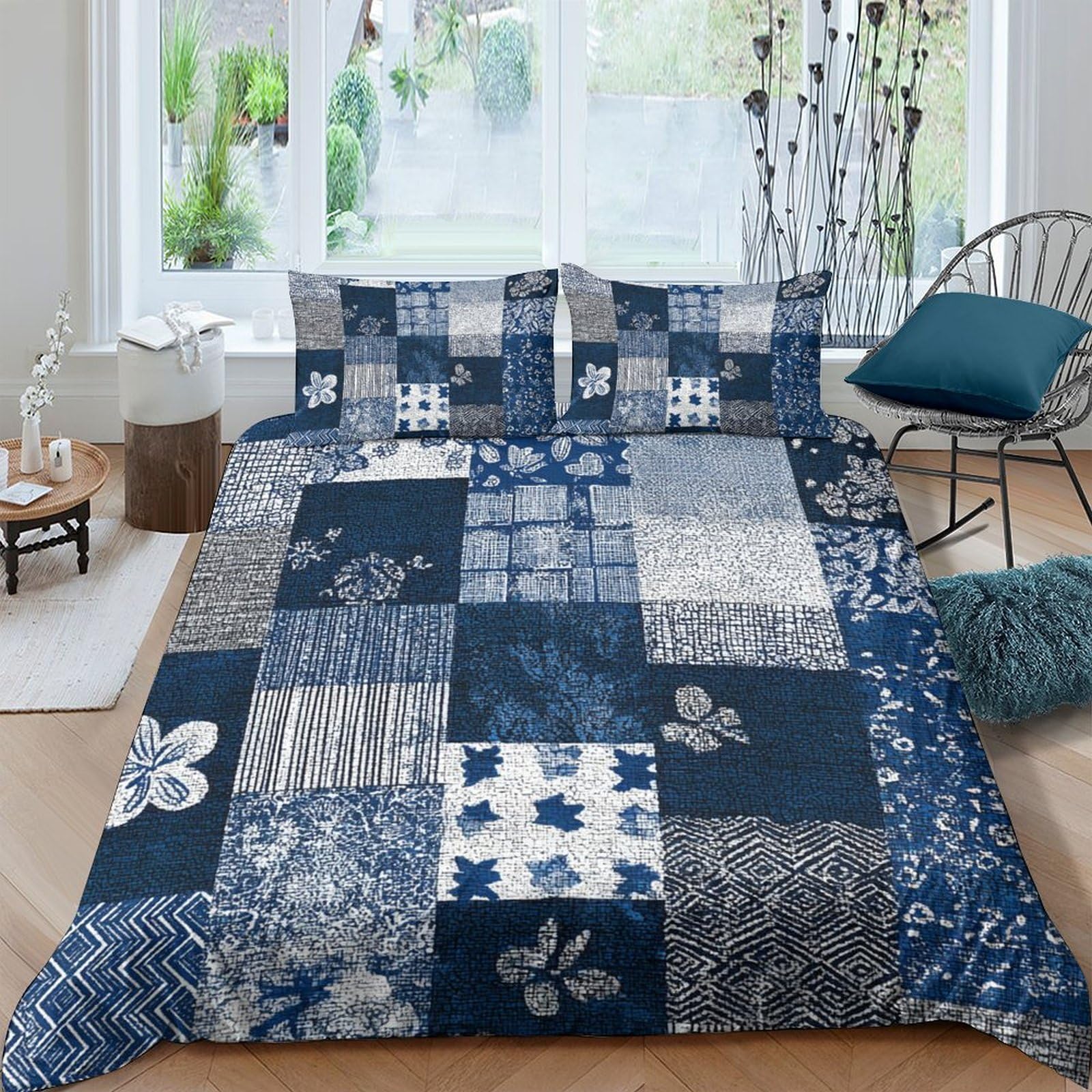 Ctjqhvkz Style-2 3D Printed Patchwork Floral Fitted Sheet Microfiber Blue Decorative Mattress Cover Bedroom Home Decor Single（135X200cm）