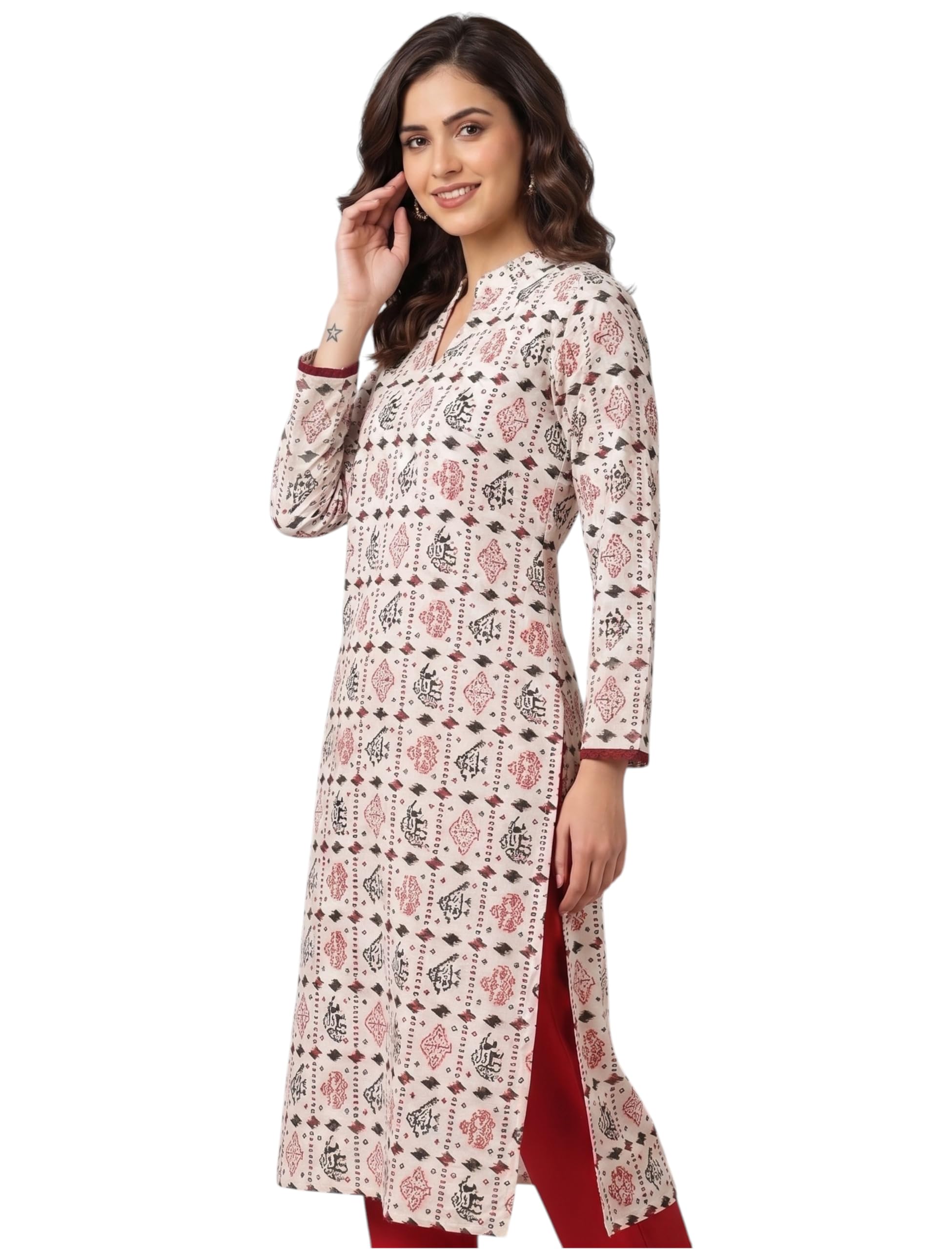 Women Cotton Off White Floral Printed Straight Kurta with Mandarin Collar Neck | Long Sleeves Knee Length Kurti | Ethnic Wear for Office College-image-11