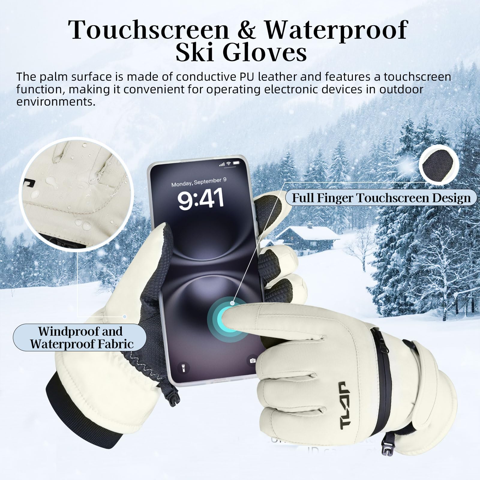 Guantes de esquí impermeables para mujer térmicos a prueba de viento con bolsillo cremallera