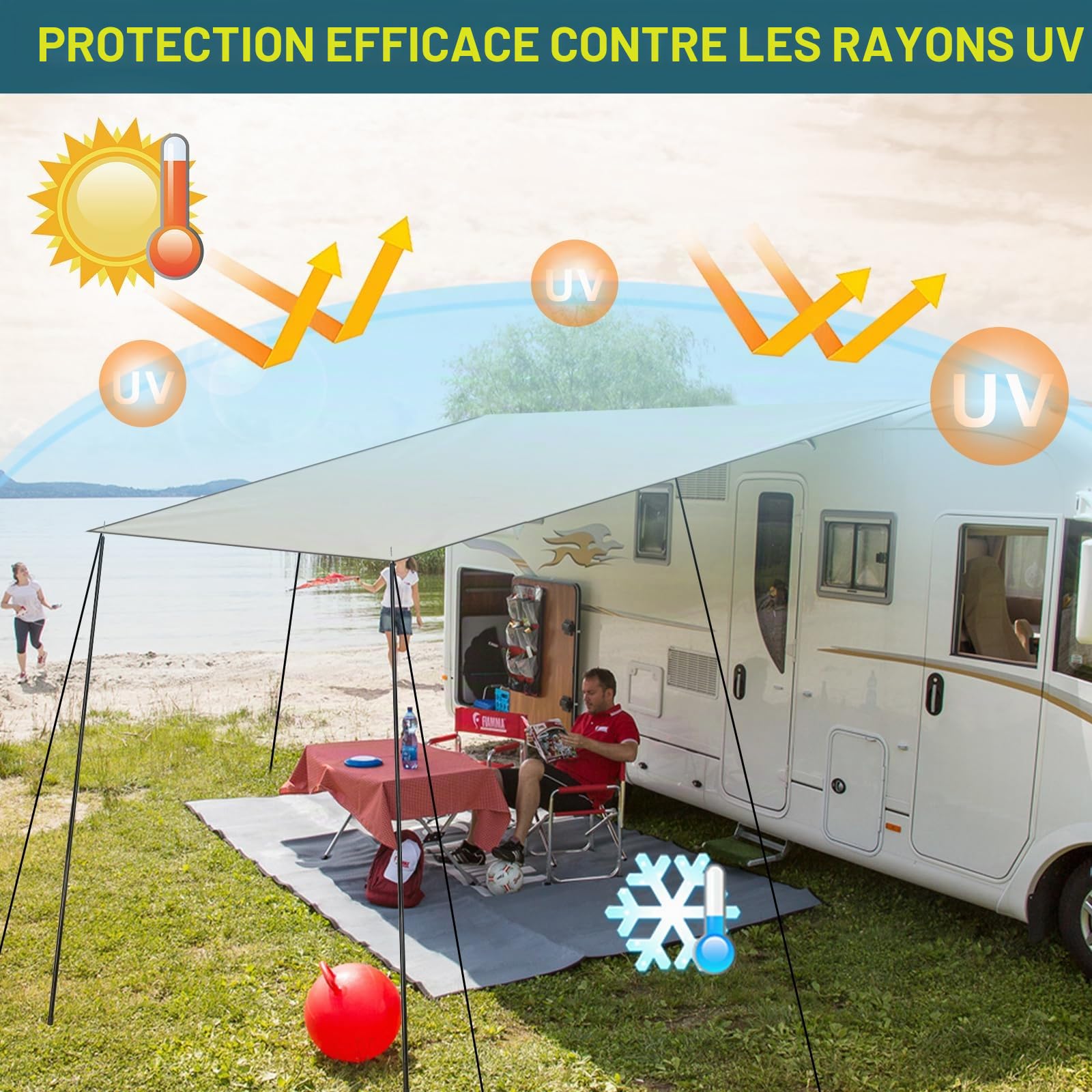 Auvent pour Remorque et Camping-Car, auvent de 2,5m x 4m pour Caravane avec haubans, poteaux de Soutien et piquets, adapté aux Rails d'auvent de 4,3/6,2/7 mm
