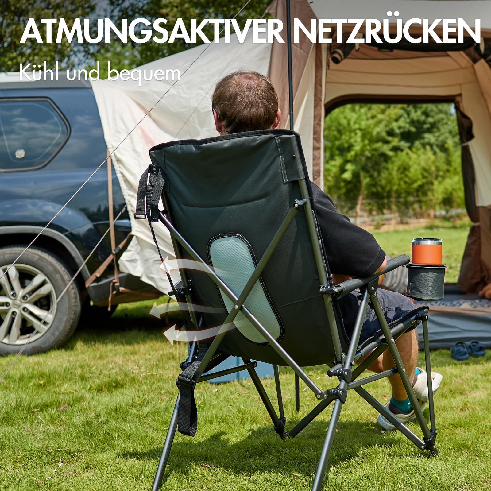 Portal Campingstuhl Faltbar Klappstuhl 180 KG Belastbar mit Hochlehner Verstellbar Camping Anglerstuhl Gartenstuhl Sessel mit Tasche Getrankhalter für Garten Balkon Picknick
