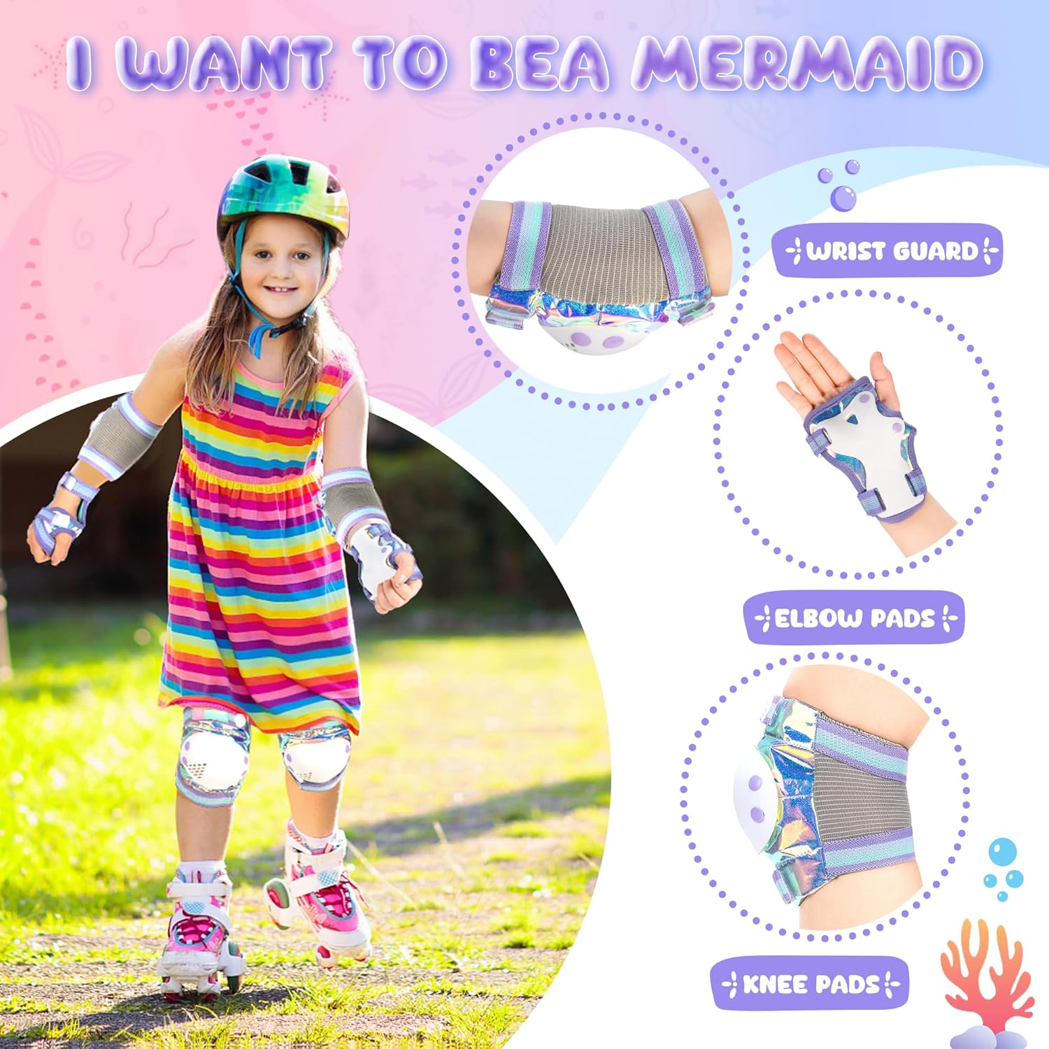 NEMONE Mermaid Knee Pads for Kids, Girls Boys Knee Elbow Pads Wrist Guards with Drawstring Bag, Adjustable Reflective Protective Gear Set for Roller Skates Bike Cycling Skateboard Scooter