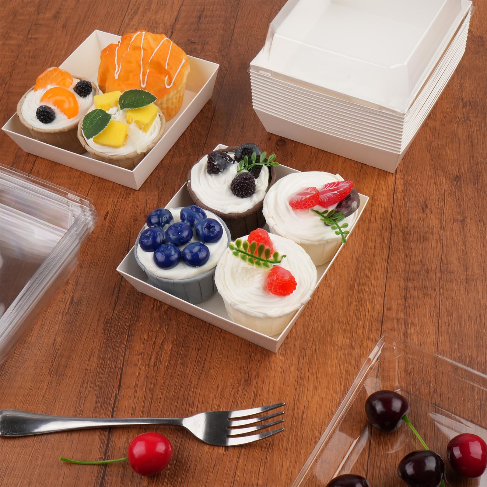Scatole Charcuterie con coperchi trasparenti, 14 x 12 x 6 cm, contenitori quadrati usa e getta, scatole da dessert, scatole di carta da forno con coperchio per panino, biscotti, sushi, fette di torta