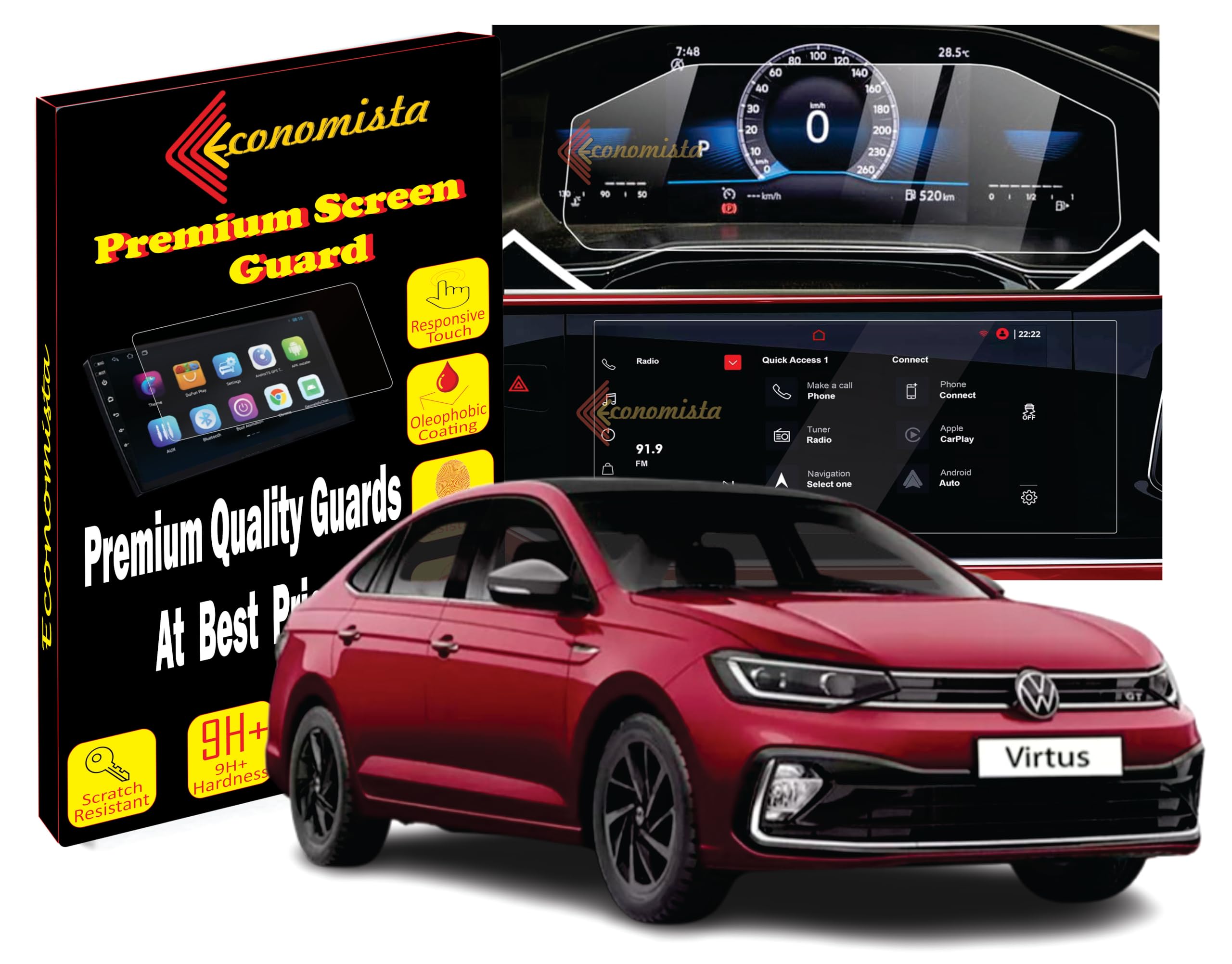 Economista Car Infotainment Screen Protector for VW Virtus Topline and GT, 10x12 cm, 9H+ Hardness, Water Resistant, Oleophobic, Easy Installation-image-5
