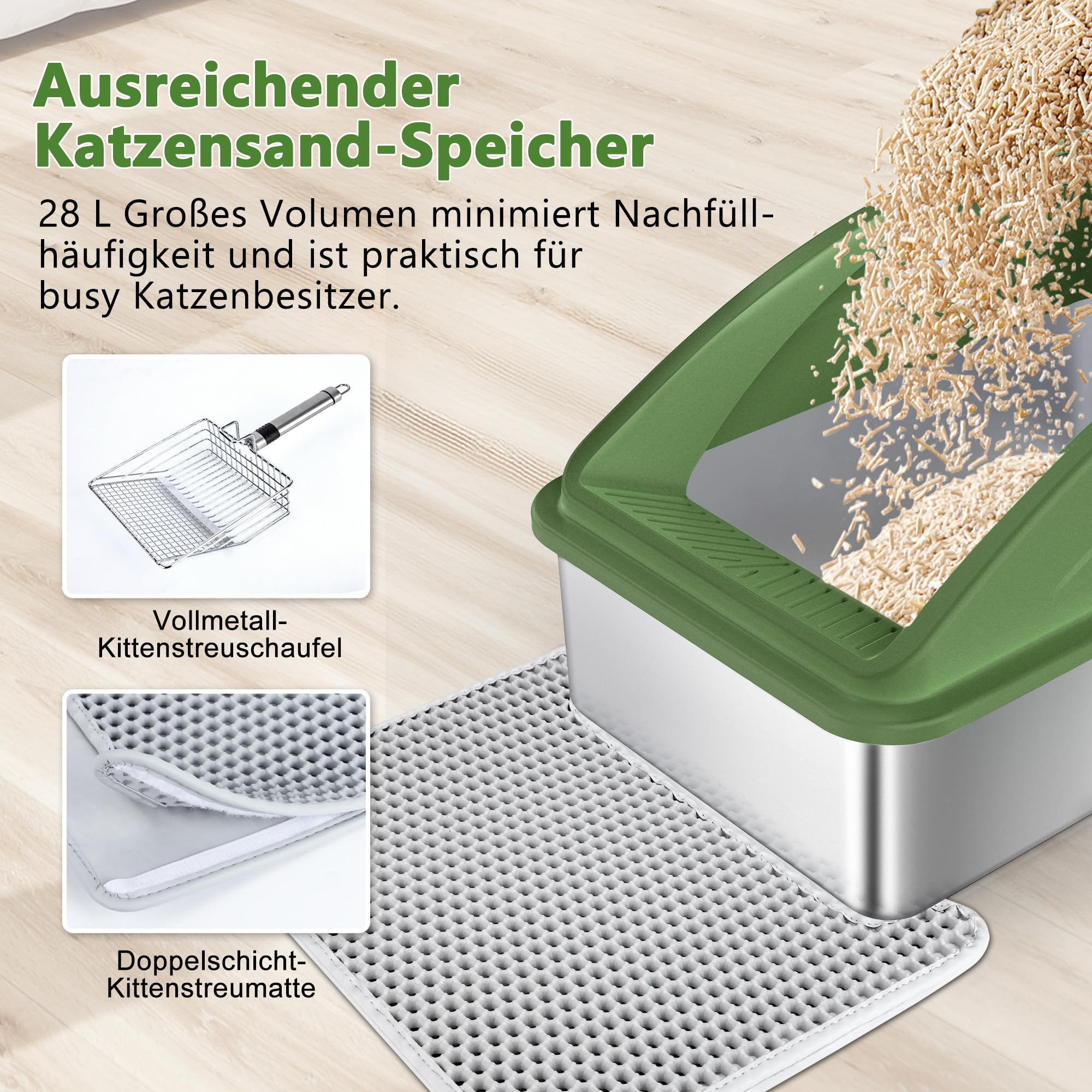 FURTIME - Lettiera per gatti in acciaio inox XXL, 28 L, grande capacità, a prova di fuoriuscite, con paletta per gatti in metallo, 60 x 40 x 31 cm (verde)