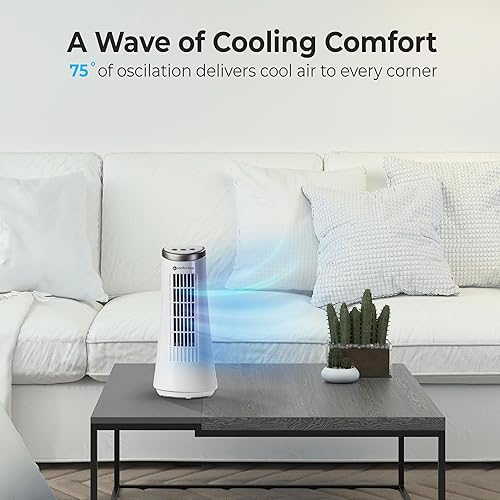 Miniatura 4 de Comfort Zone Ventilador oscilante de torre de escritorio de 12 pulgadas, diseño ultradelgado sin aspas con 2 velocidades, controles táctiles