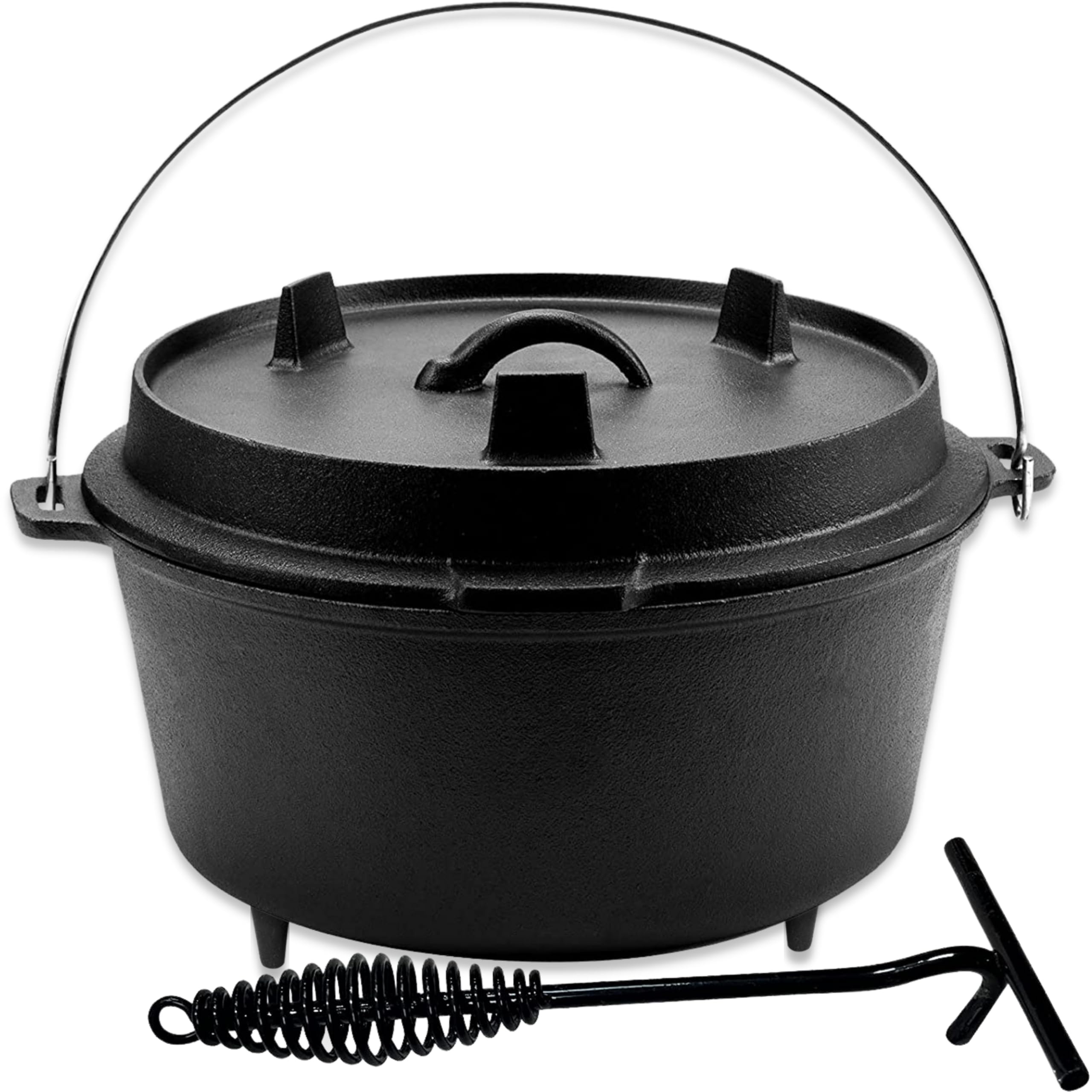 Dutch Oven Kochtopf-Set 9 Liter Gusseisen – Gusseisenpfanne mit Deckel, Schutzbeutel & Deckelheber – Outdoor Kochtopf für Kochen, Backen, Braten & Grillen, Ø 29 cm