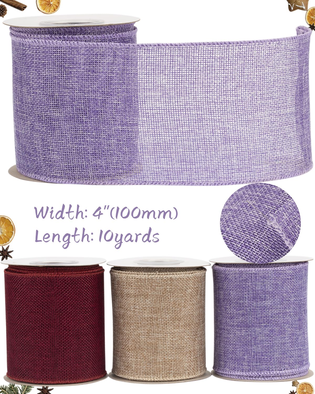 Tekdeere Burlap Ribbon 100mm x 9 Meters, Lt. Purple Wired Ribbon for Crafts, Gift Wrapping, Wreaths, Bows, Tree Decoration and Outdoor Decoration - Image 2