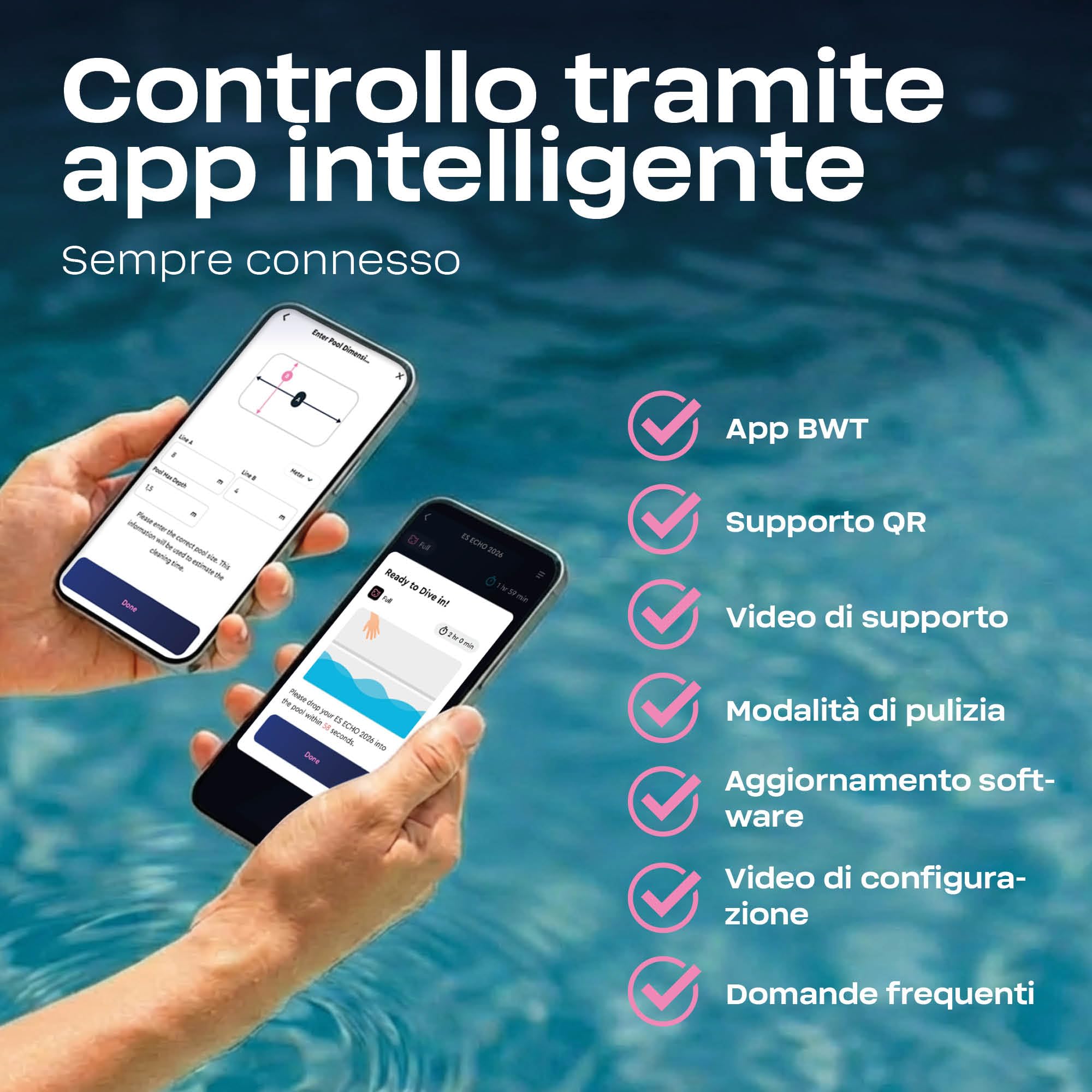BWT Robot per piscina ES Echo, batteria e controllo app, navigazione intelligente ultrasonica, batteria sostituibile, pulisce pavimento/pareti/linea di galleggiamento, durata 3 ore, per piscine fino a