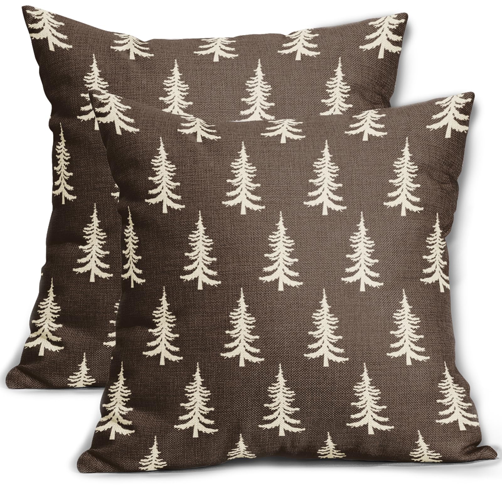 Christmas Pillow Covers 18x18 Set of 2 Dark Brown Xmas Tree Rustic Style Winter Print Decorative Outdoor Pillowcases Farmhouse Vintage Holiday