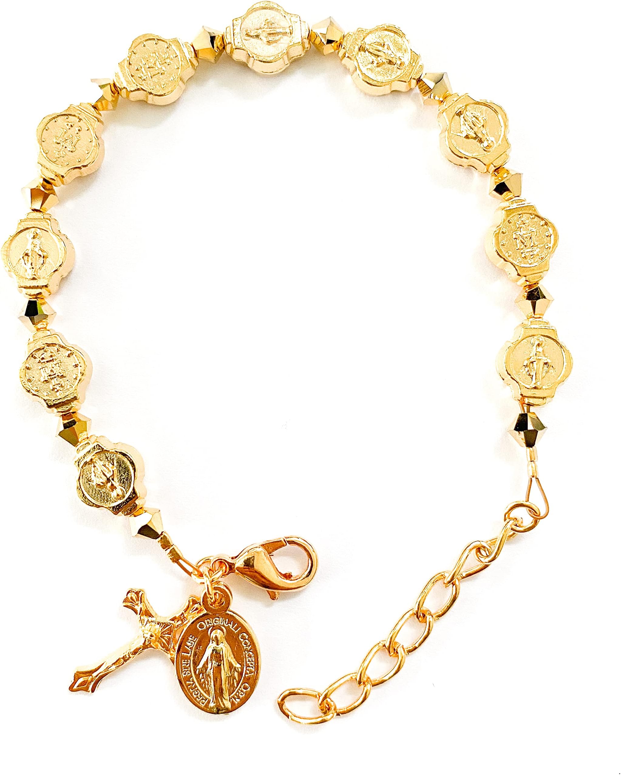 Gold Miraculous Medal Crucifix Cross Charm Beaded Religious Bracelet made with Premium European Crystals with Chain Extender - Great gift for Christmas, Mother's Day, Communion, Birthday