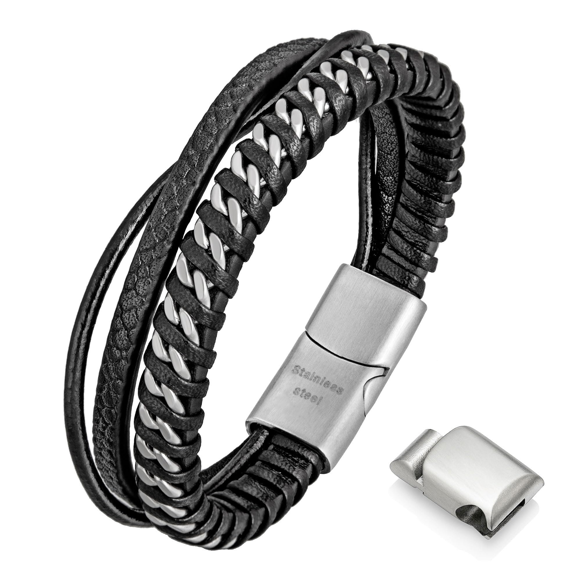 Speroto Mens Bracelet, Adjustable Premium Leather Bracelet for Men Black Stainless Steel Magnetic Clasp, Multi-Layer Braided Genuine Leather Bracelet Gift Idea for Men/Women （Black Silver, 7.5''）