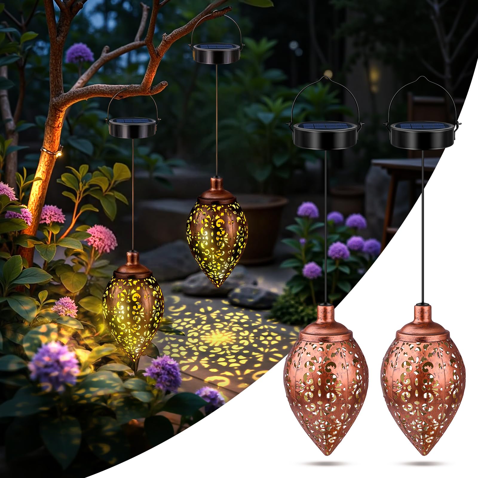 Lanterne Solaire Extérieur Tournesol - Lampe Suspendue Jardin IP65 Étanche Métal Rétro LED Blanc Chaud