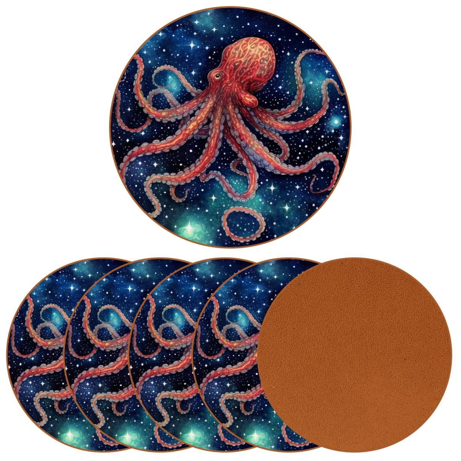 Cartoon-Galaxie-Oktopus-Untersetzer für Getränke, 6 Stück, Tisch-Schutzmatte für Weingläser, Tassen und Tassen, wiederverwendbar im Büro, Küche, Bar, 10,9 cm